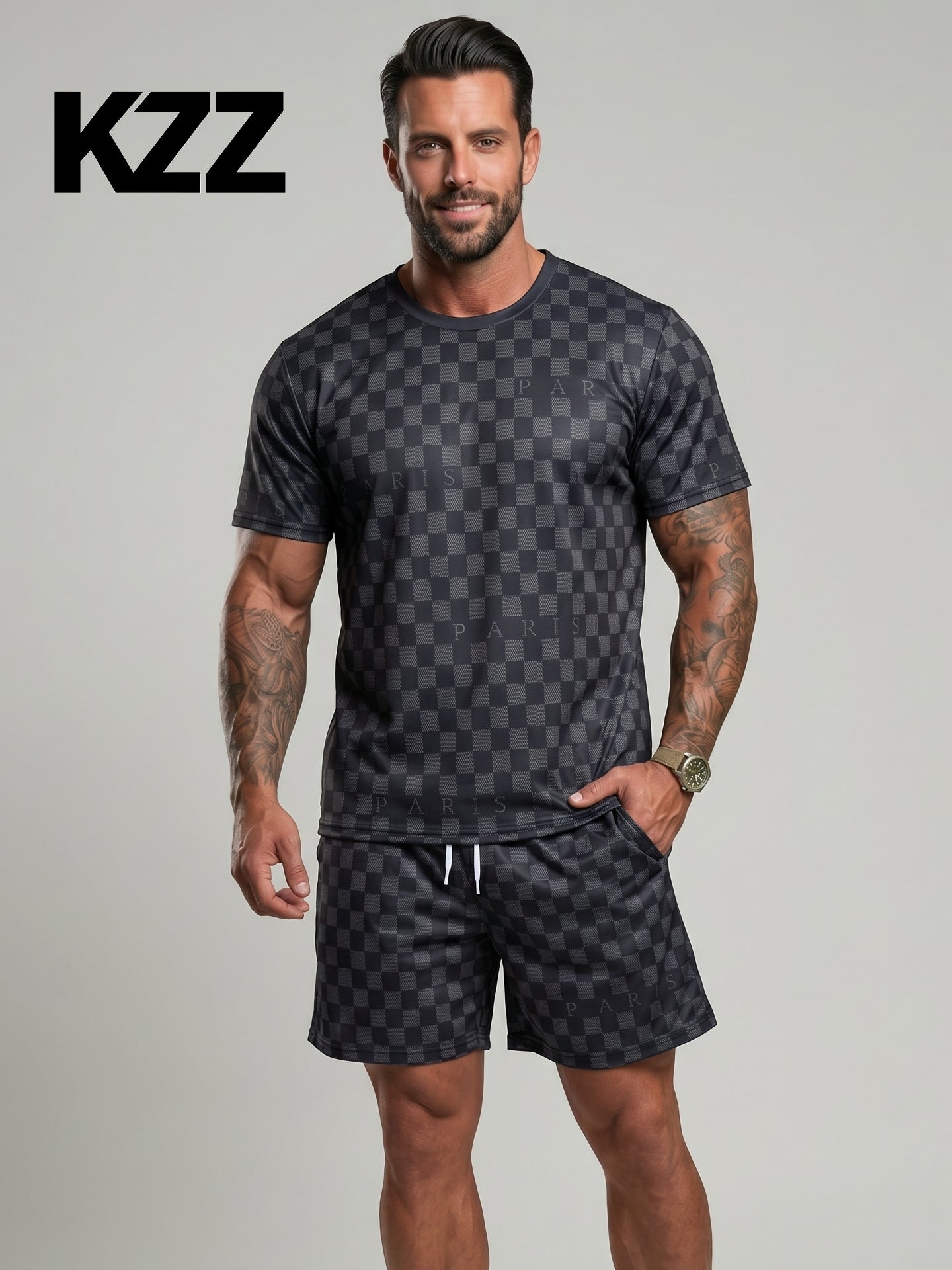 KZZ Men's Crew Neck Short-Sleeve T-Shirt and Shorts Set