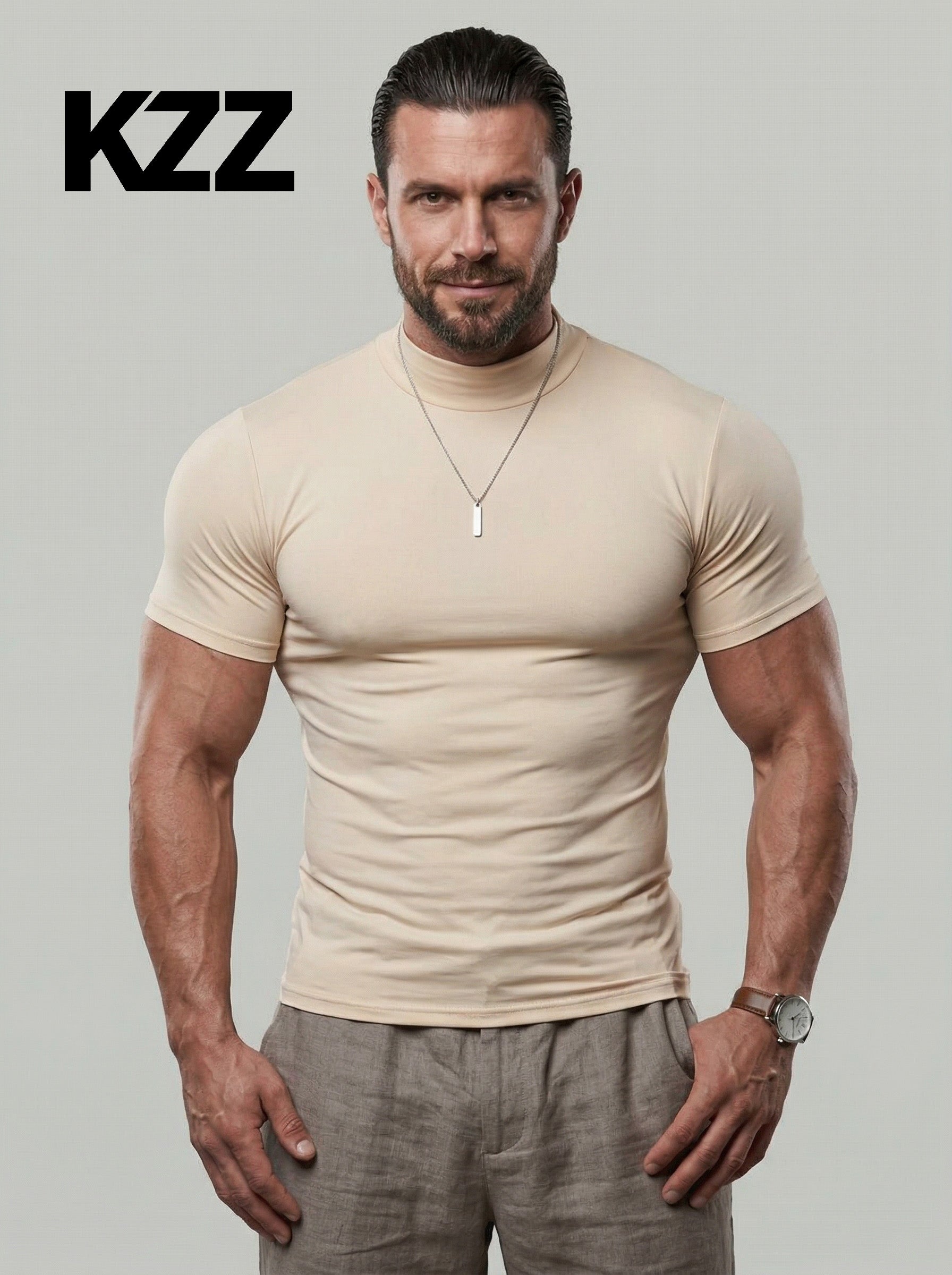 KZZ  Solid Color High Neck Tight-Fitting Short Sleeve T-Shirt