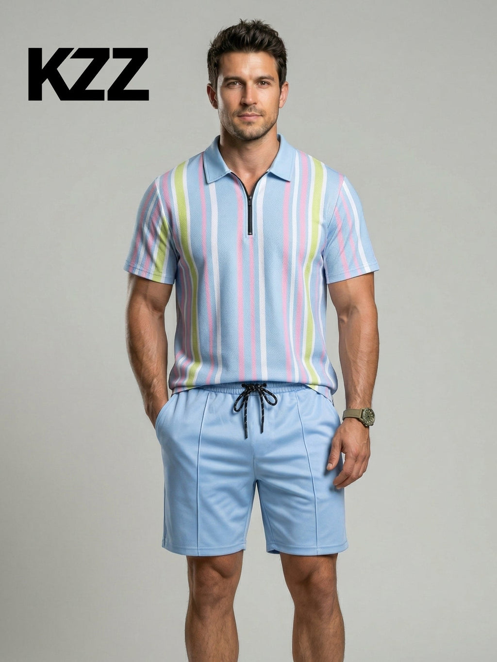 KZZ Men's Colorblock Striped Print Short Sleeve Shirt & Shorts Two-Piece Set