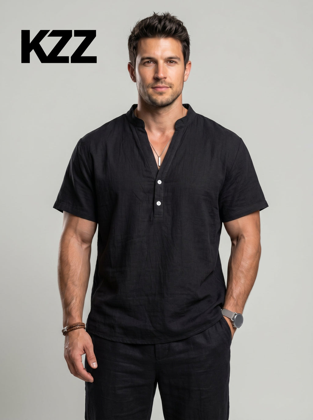 KZZ Men's Summer Short-Sleeve Linen Shirt