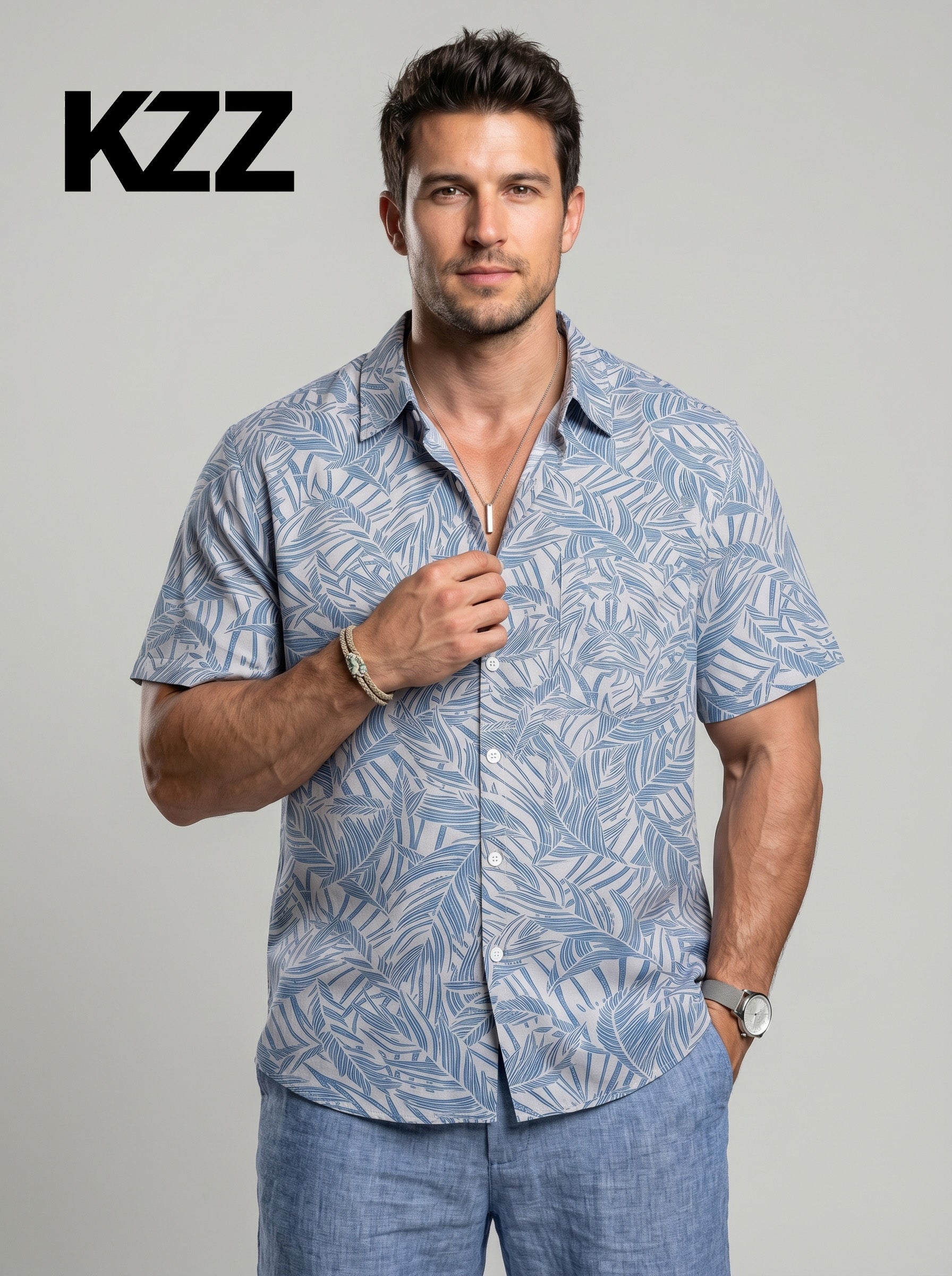 KZZ Men's Cotton-Linen Tropical Beach Shirt