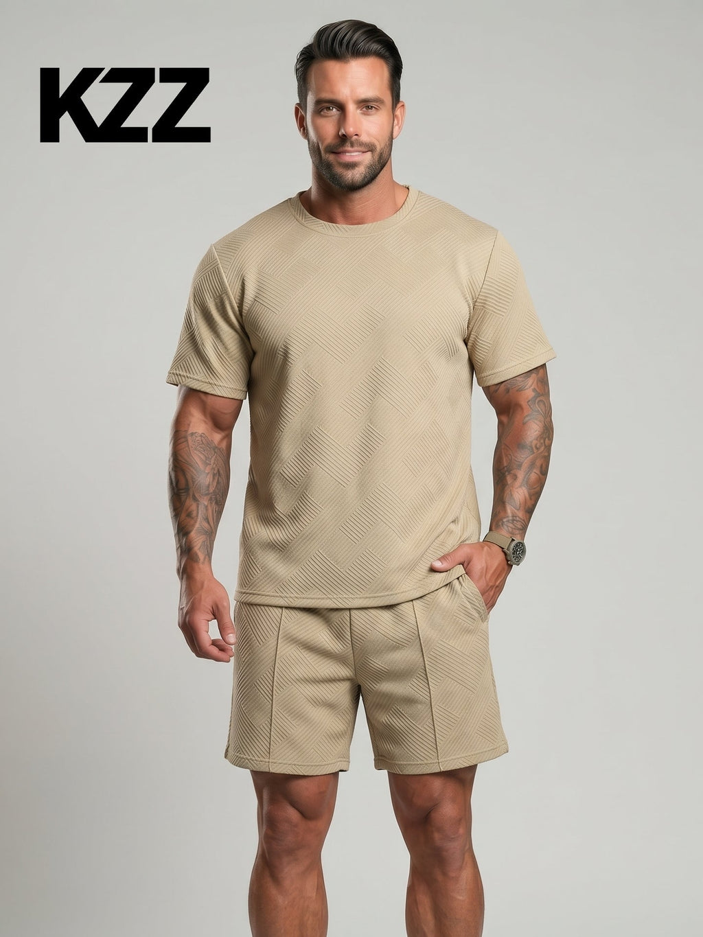 KZZ Men's Solid-Color Polo Shirt and Drawstring Shorts Set