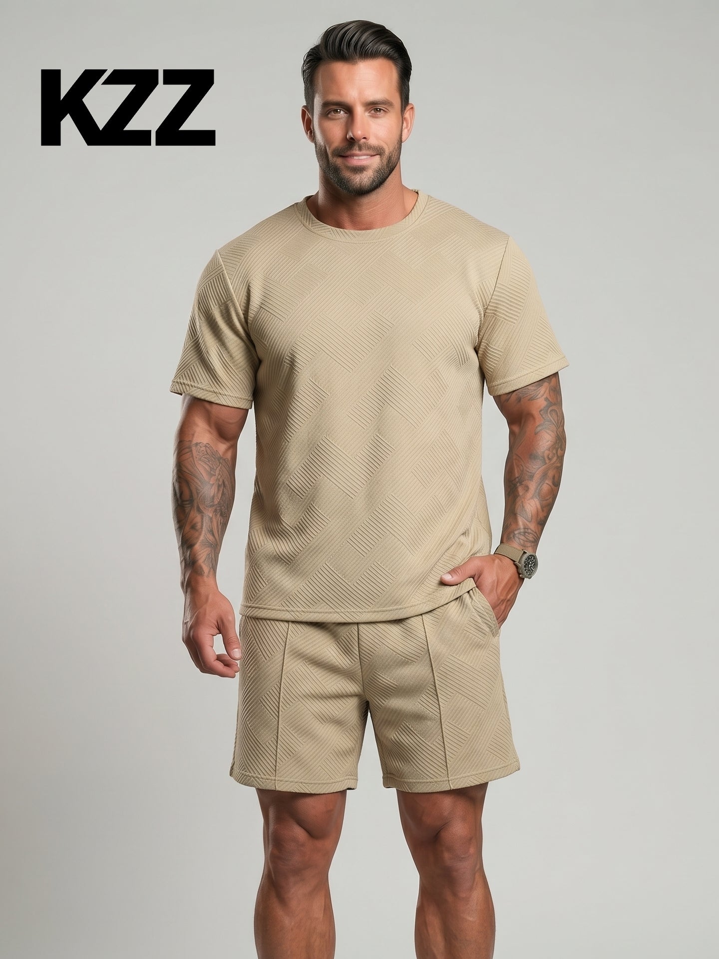 KZZ Men's Solid-Color Polo Shirt and Drawstring Shorts Set