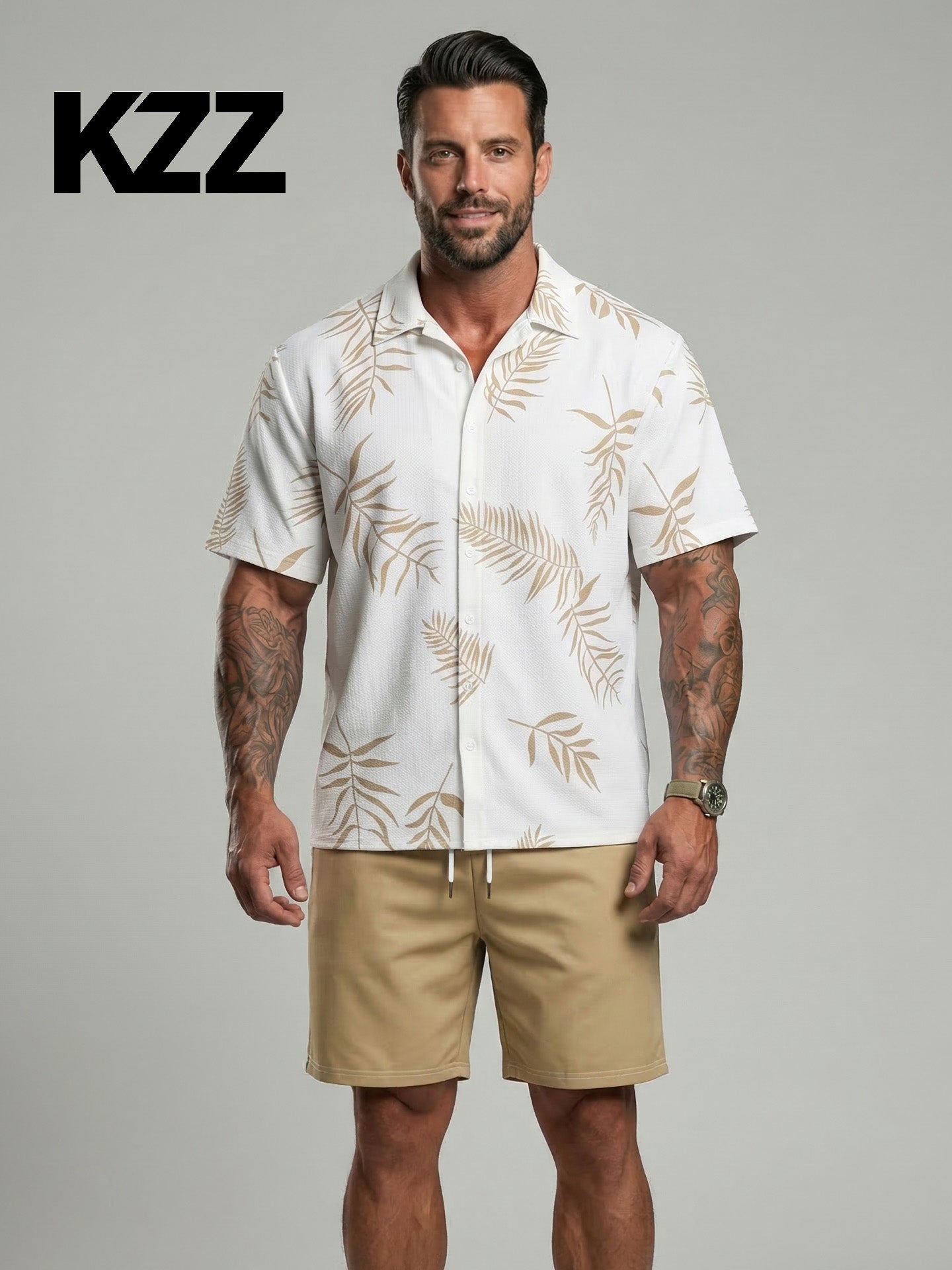 KZZ Men's Leaf Print Drawstring Waist Loose Shorts Set