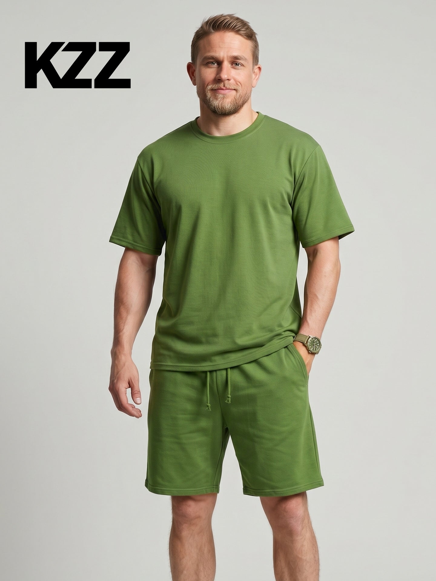 KZZ Solid-Color Crew-Neck T-Shirt and Shorts