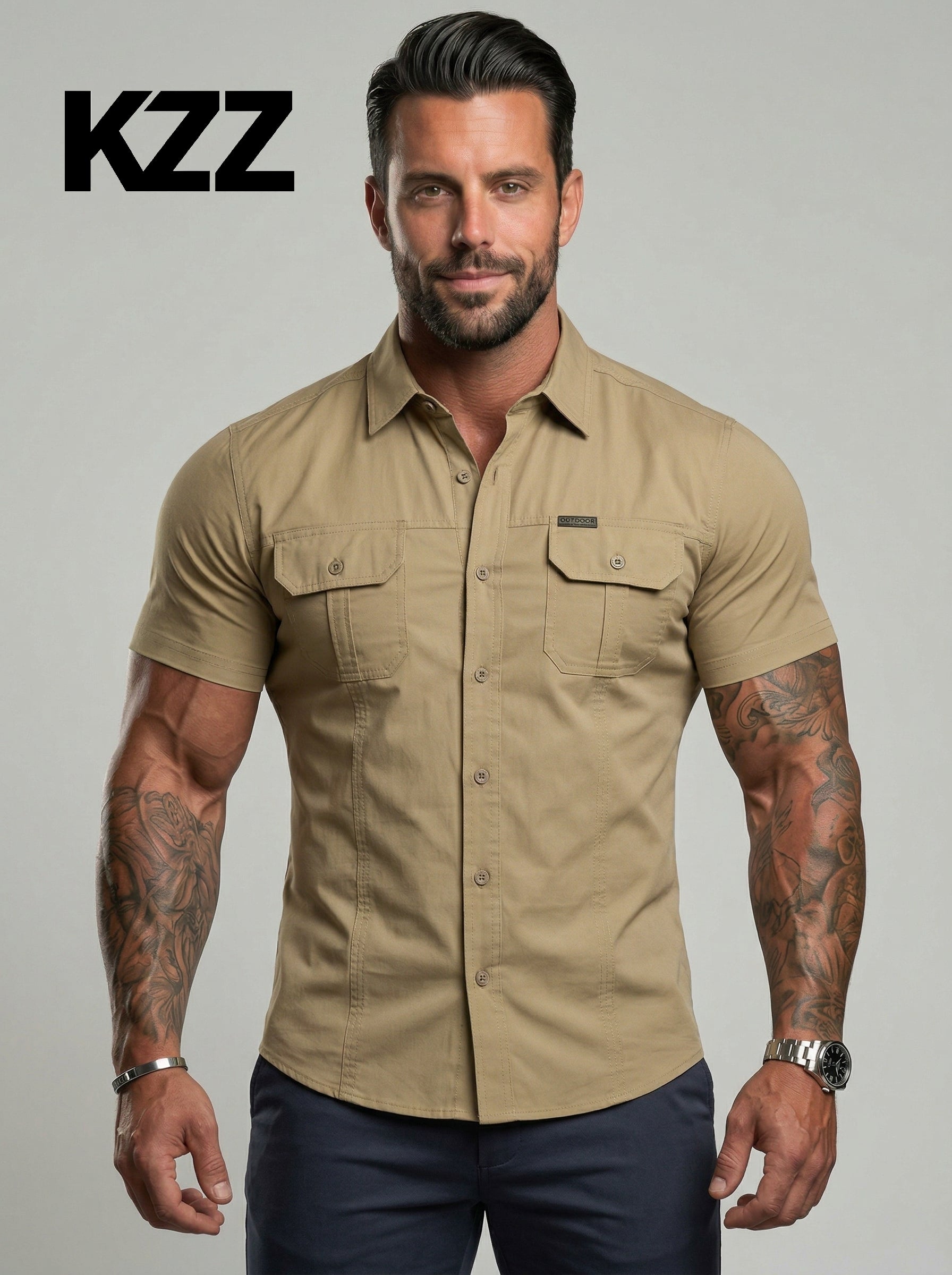 KZZ Durable Short Sleeve Workwear Button Down Shirt