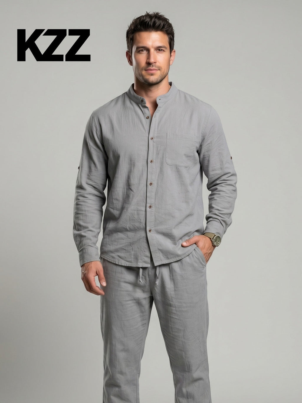 KZZ Men's Long-Sleeve Button-Down Shirt and Straight-Leg Drawstring Trousers Set