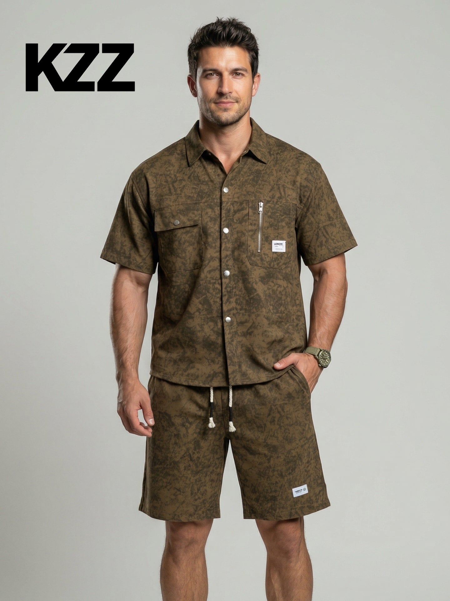 KZZ Men's American Retro Slim Fit Tie-Dye Workwear Short-Sleeve Set