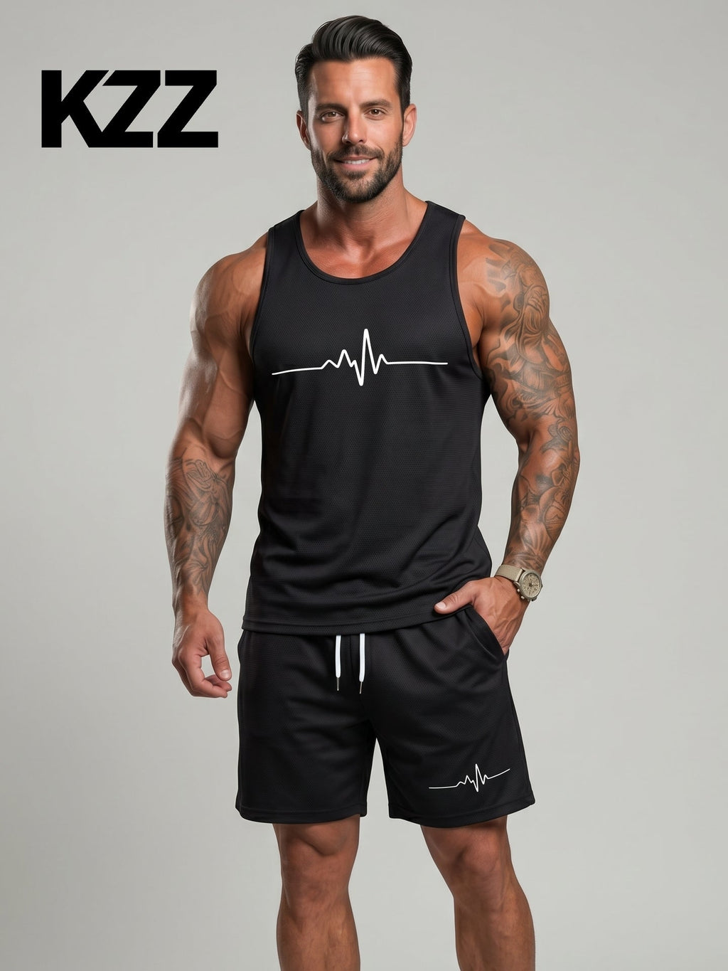 KZZ Men's Heartbeat Print Crew Neck Vest and Shorts