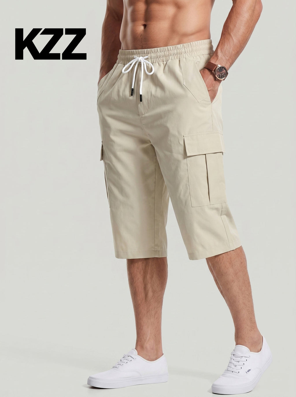 KZZ Men's Solid-Color Cargo Shorts with Flap Pockets