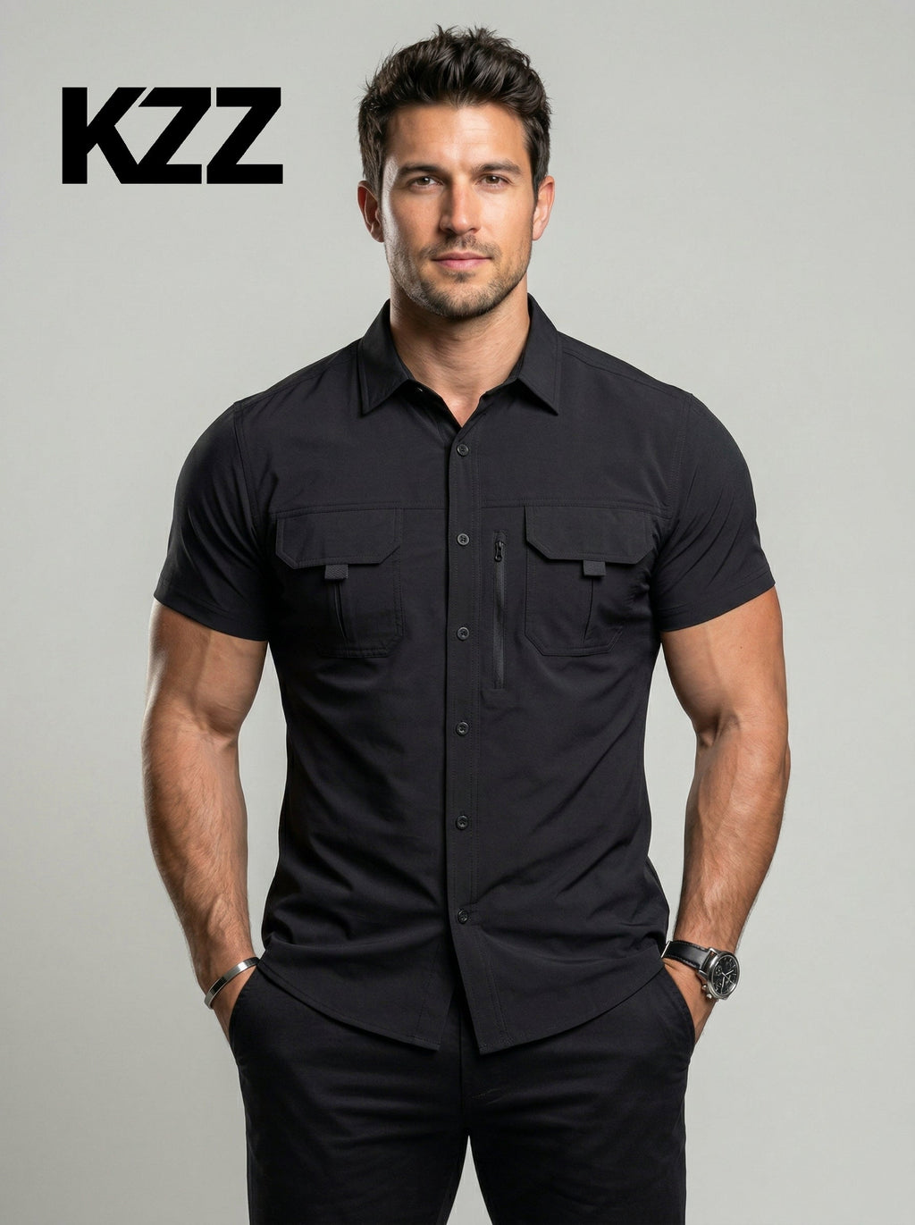 KZZ Men's American-Style Solid Color Shirt