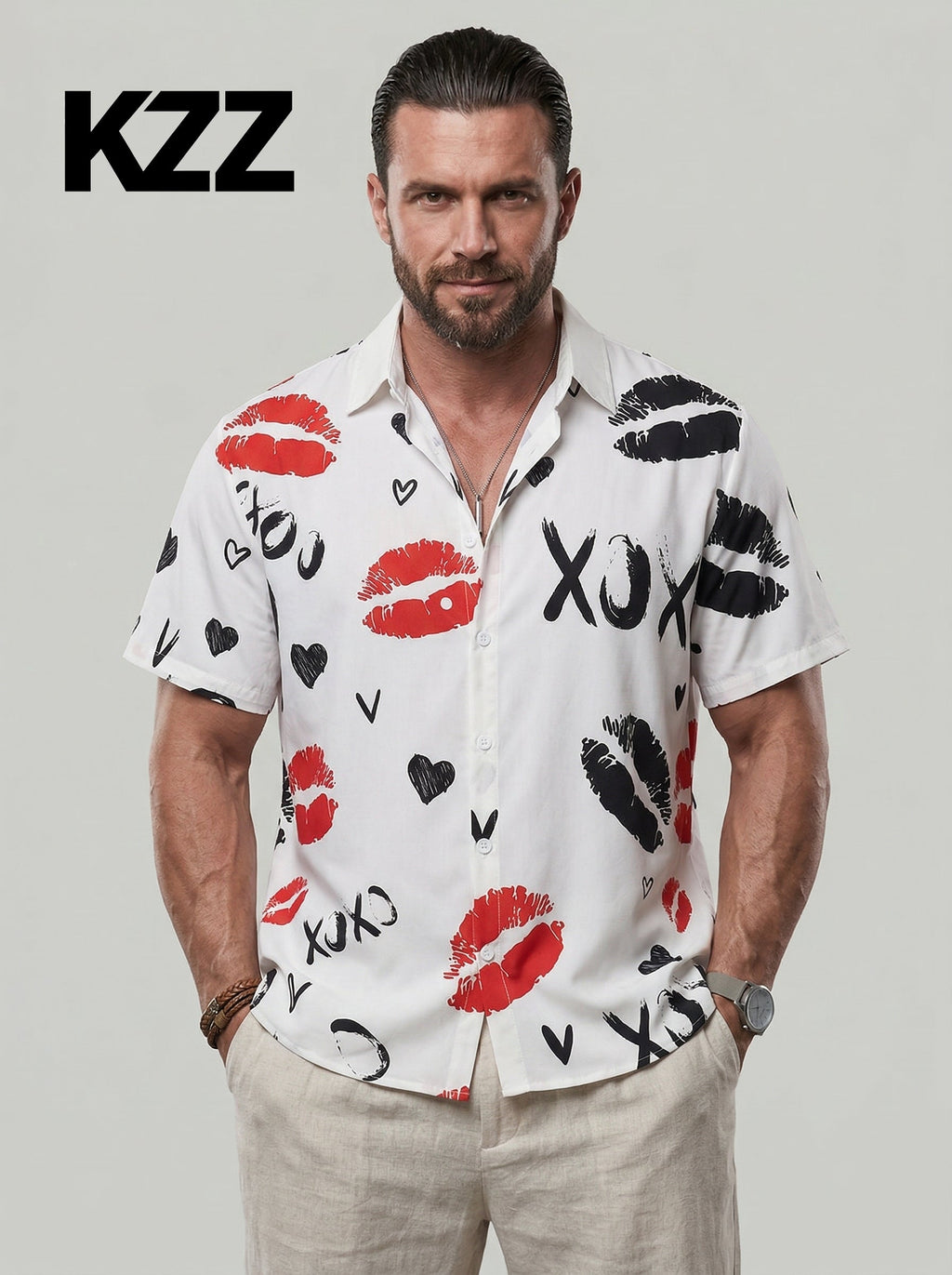 KZZ Fashion lip print white collared shirt