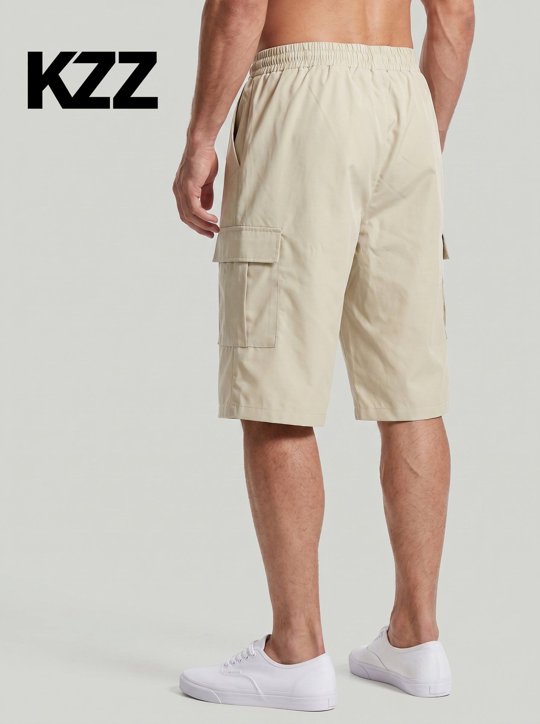 KZZ Men's Solid-Color Cargo Shorts with Flap Pockets