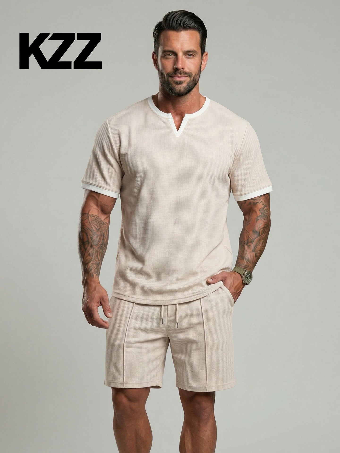 KZZ Men's Business Casual Sport Solid Color V-Neck Short Sleeve Shorts Set