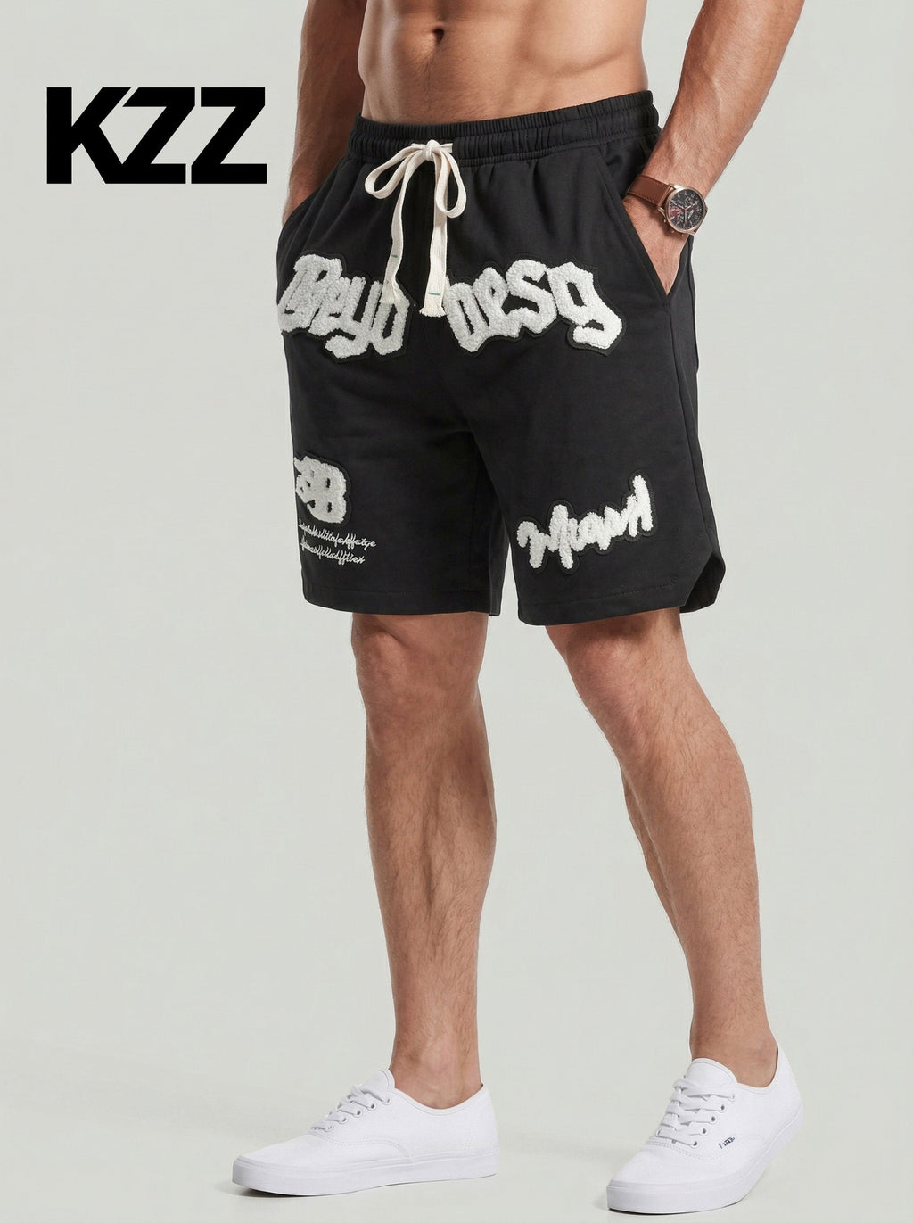 KZZ Men's Letter Embroidery Patched Drawstring Waist  Shorts