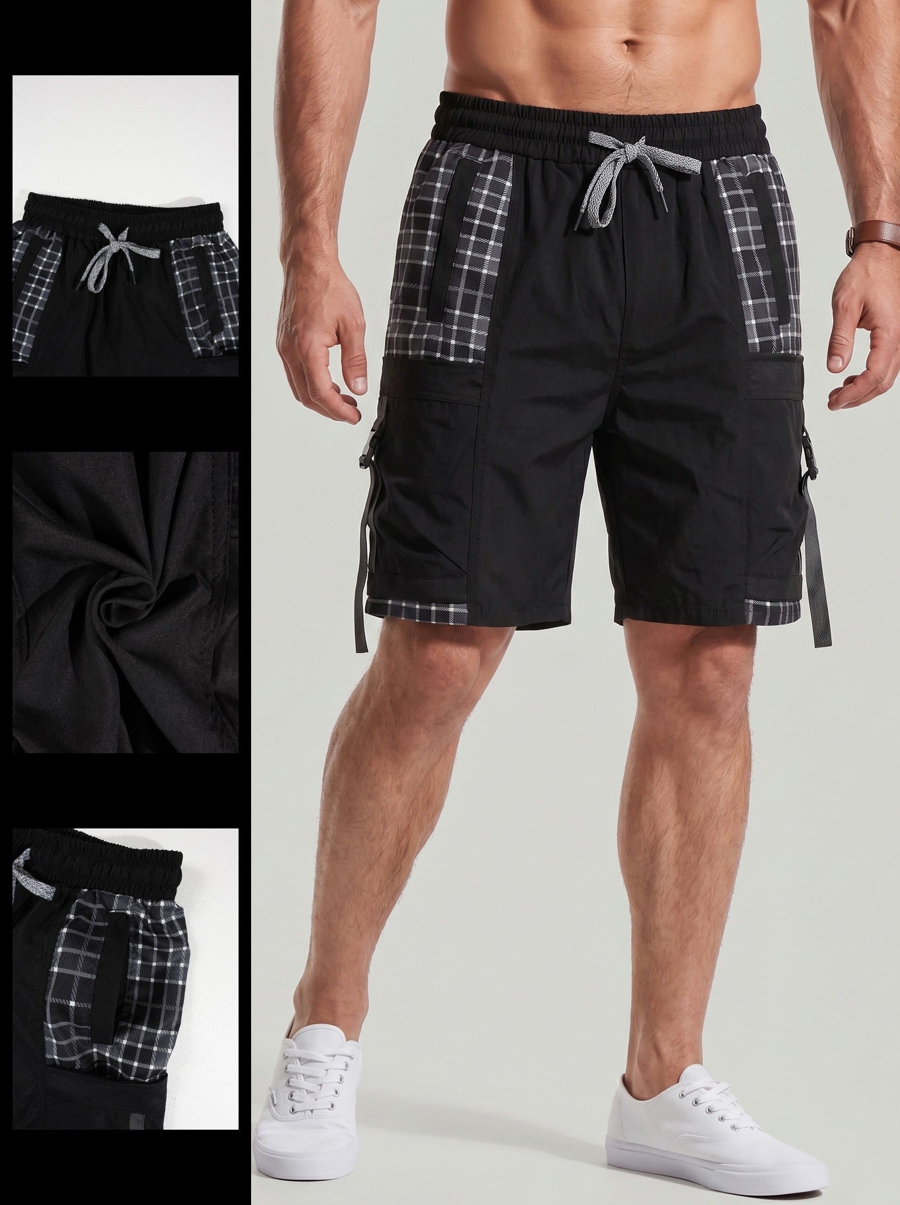 KZZ Men's Summer Plaid-Paneled Casual Shorts