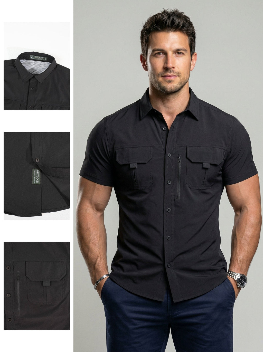 KZZ Men's American-Style Solid Color Shirt