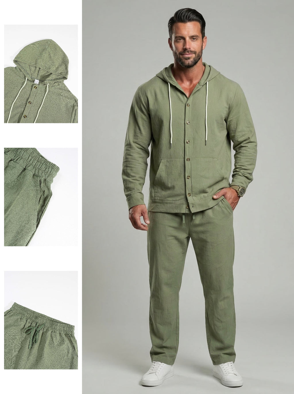 KZZ Men's Solid Button Down Shirt & Pants Linen Set