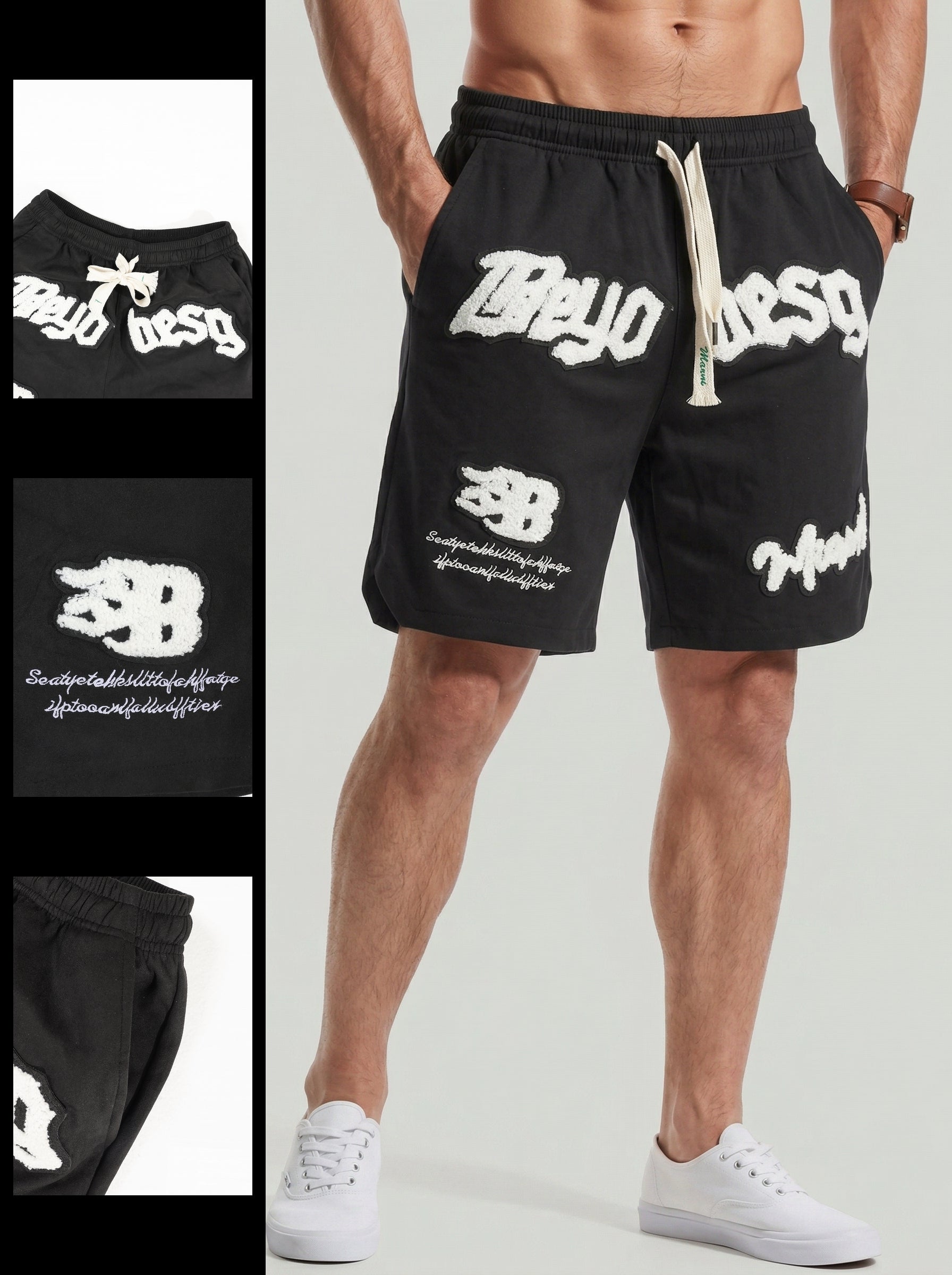 KZZ Men's Letter Embroidery Patched Drawstring Waist  Shorts