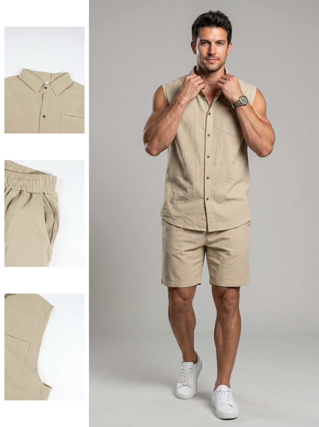 KZZ Casual-Chic Lapel Sleeveless Shirt and Shorts Set