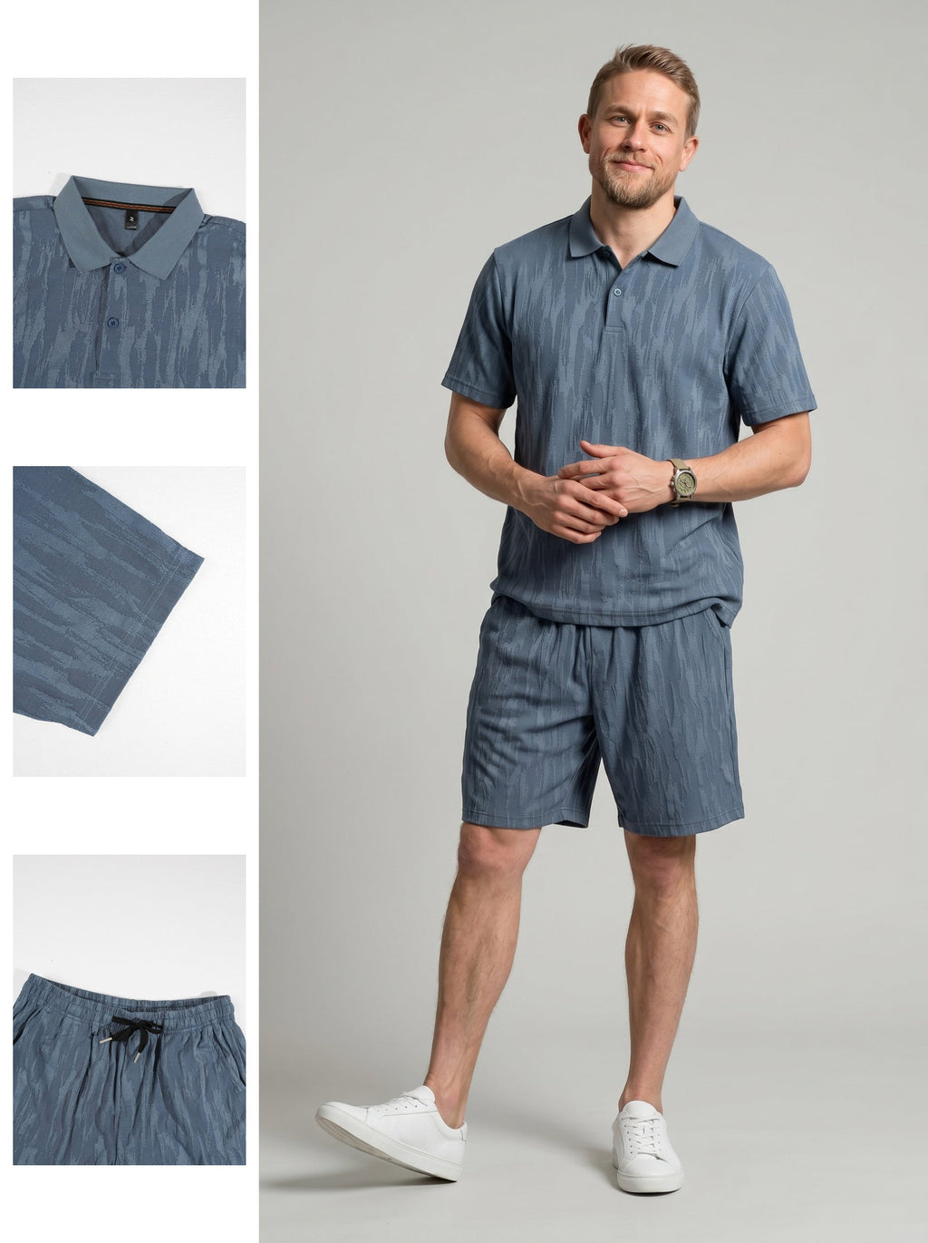 KZZ Men's Solid-Color Polo Shirt and Drawstring-Waist Shorts