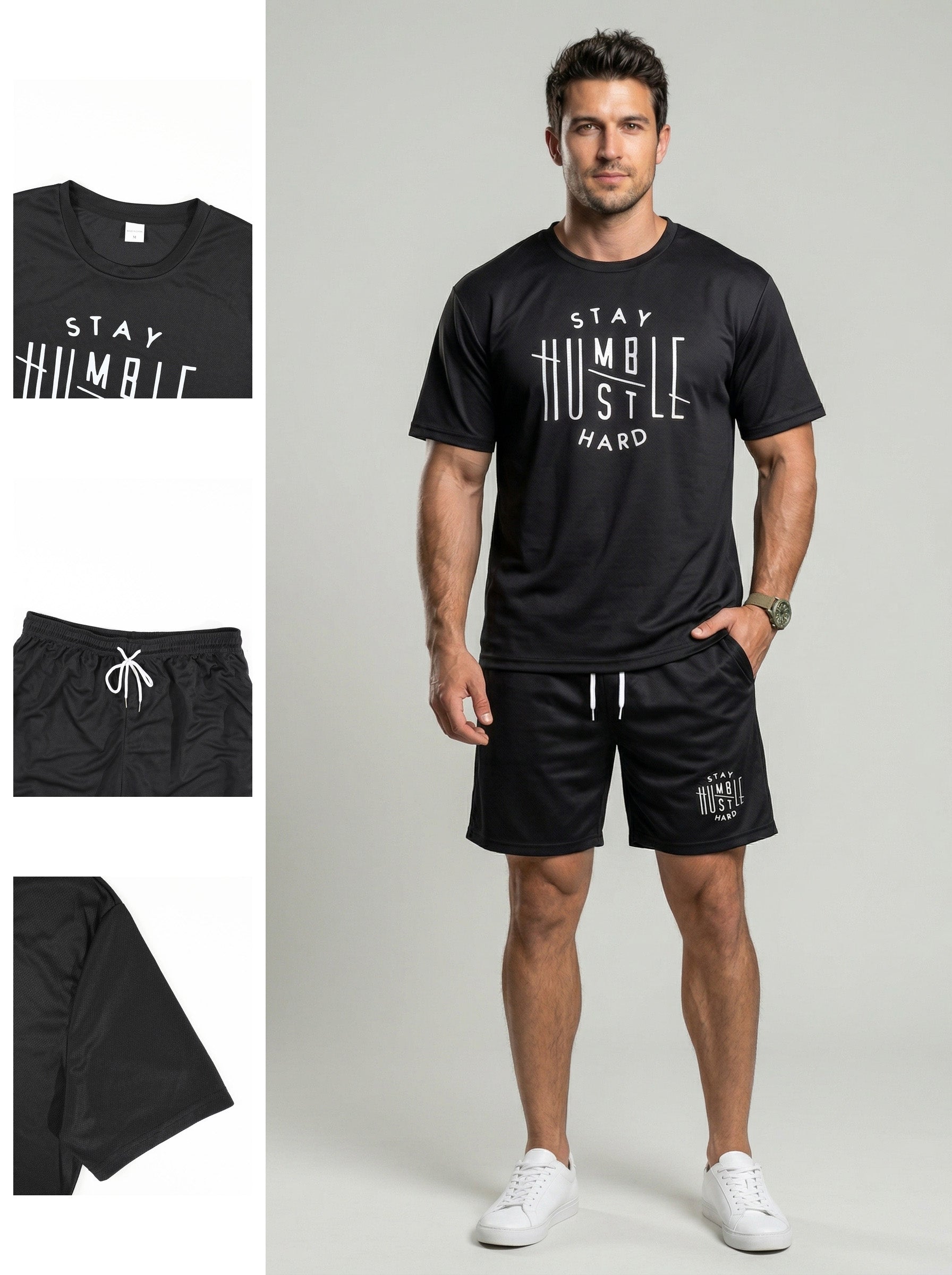 KZZ Men's  Letter Print Round Neck Shortsleeve Tee & Drawstring Waist Shorts Set