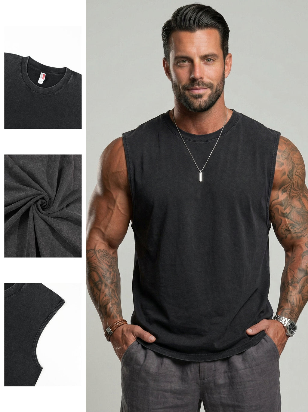 KZZ Men's Washed Sleeveless Fitted Casual Plain Vest