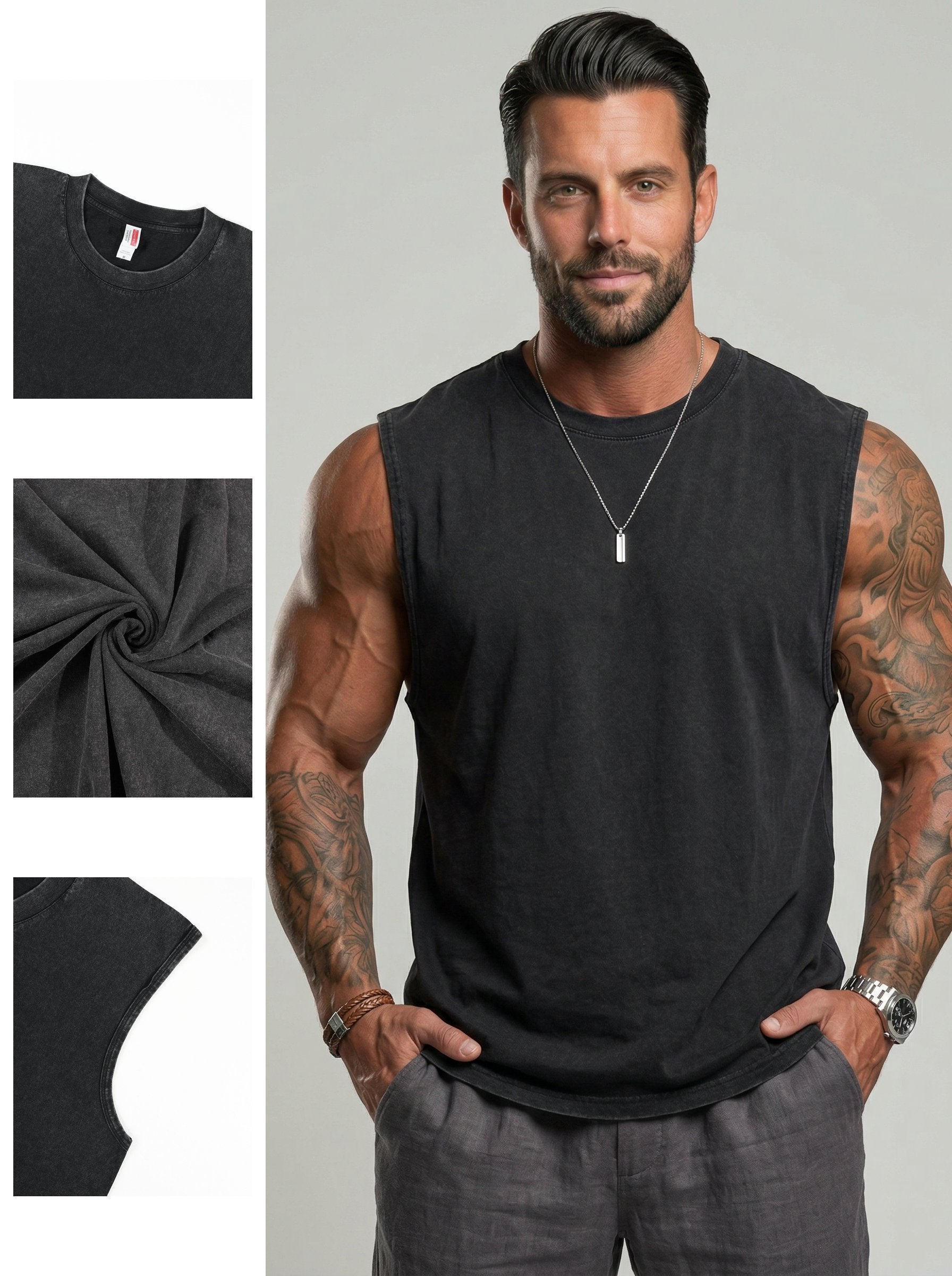 KZZ Men's Washed Sleeveless Fitted Casual Plain Vest