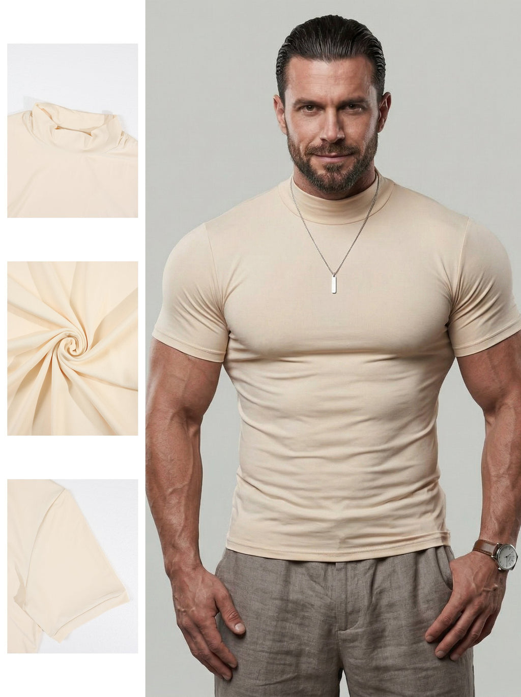 KZZ  Solid Color High Neck Tight-Fitting Short Sleeve T-Shirt