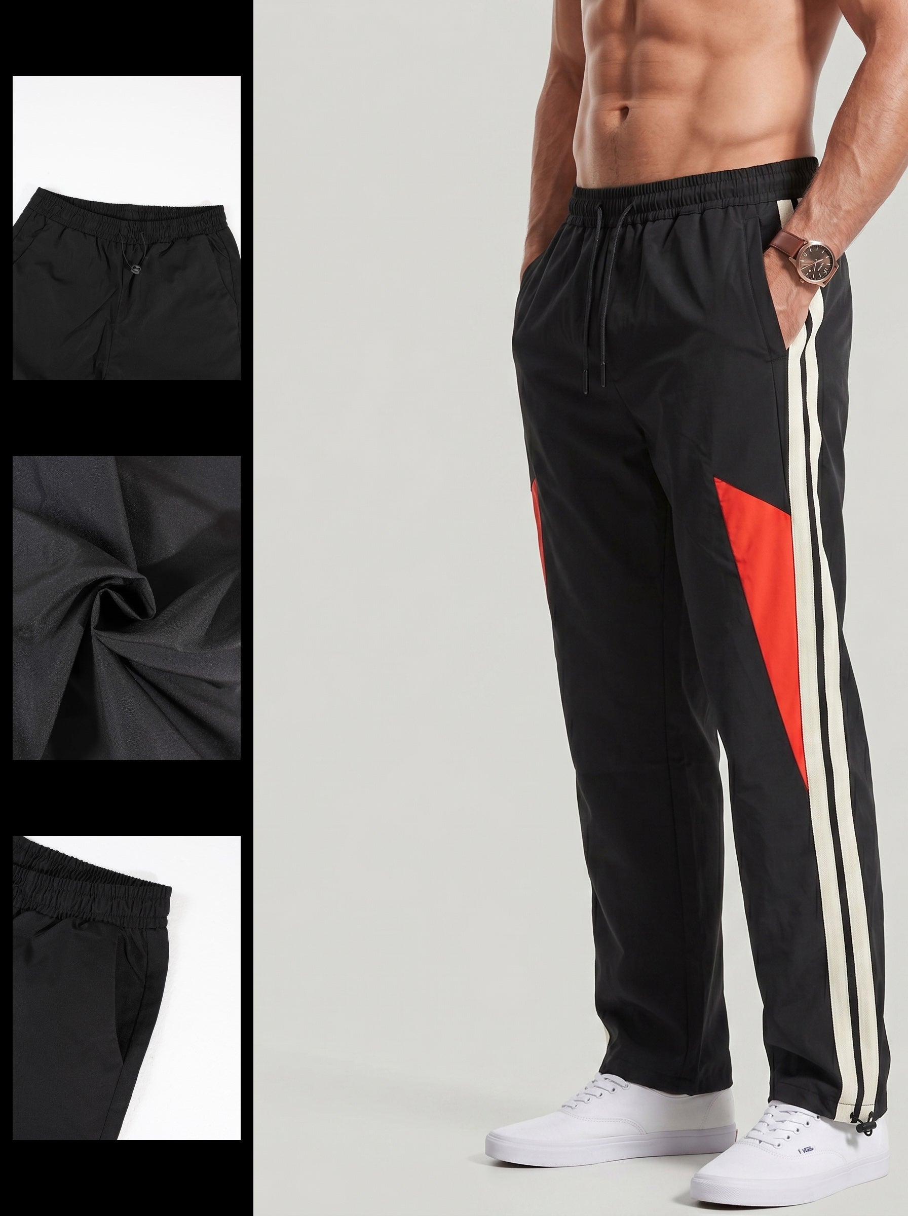 KZZ Men's Color-Block Printed Wide-Leg Pants with Drawstring Waist