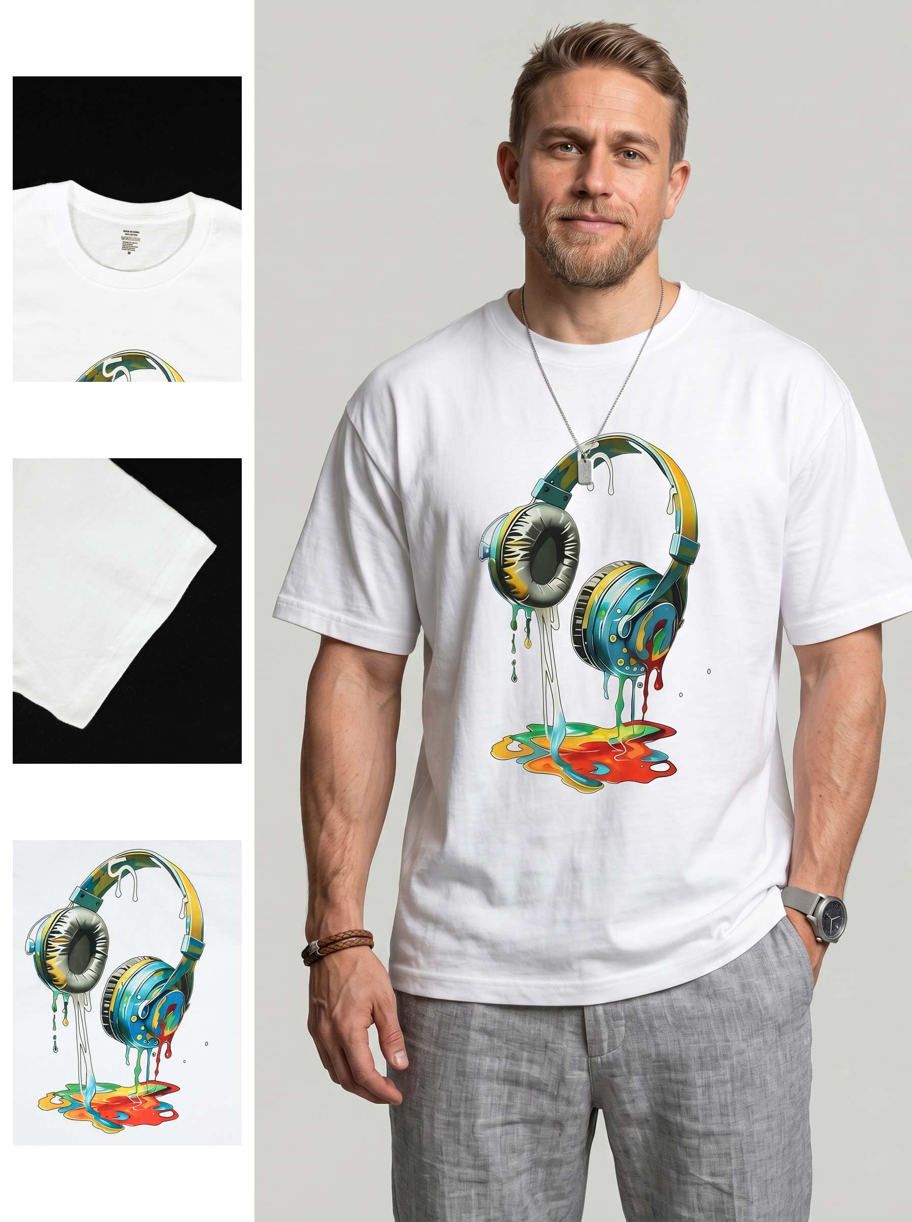 KZZ Men's Classic Premium Cotton Crew-Neck T-Shirt with Tropical Print