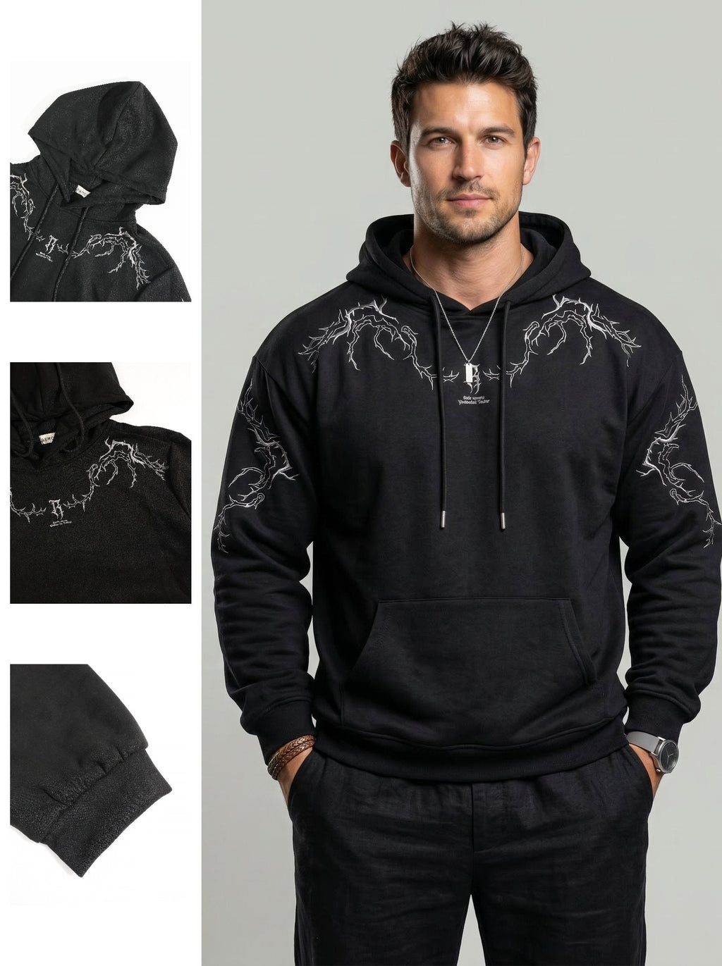 KZZ Men's Casual Loose-Fit Embroidered Thorns Hooded