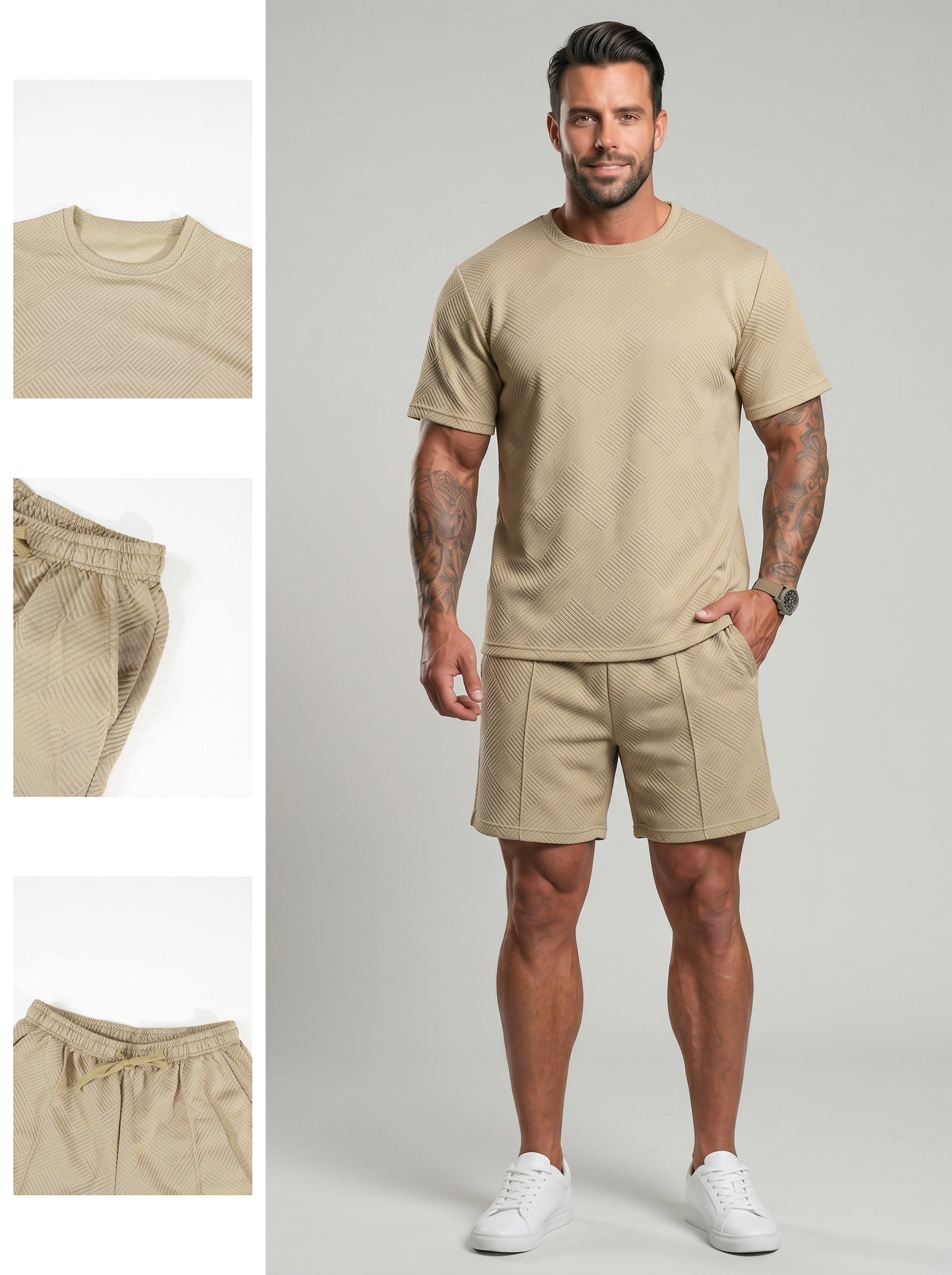 KZZ Men's Solid-Color Polo Shirt and Drawstring Shorts Set