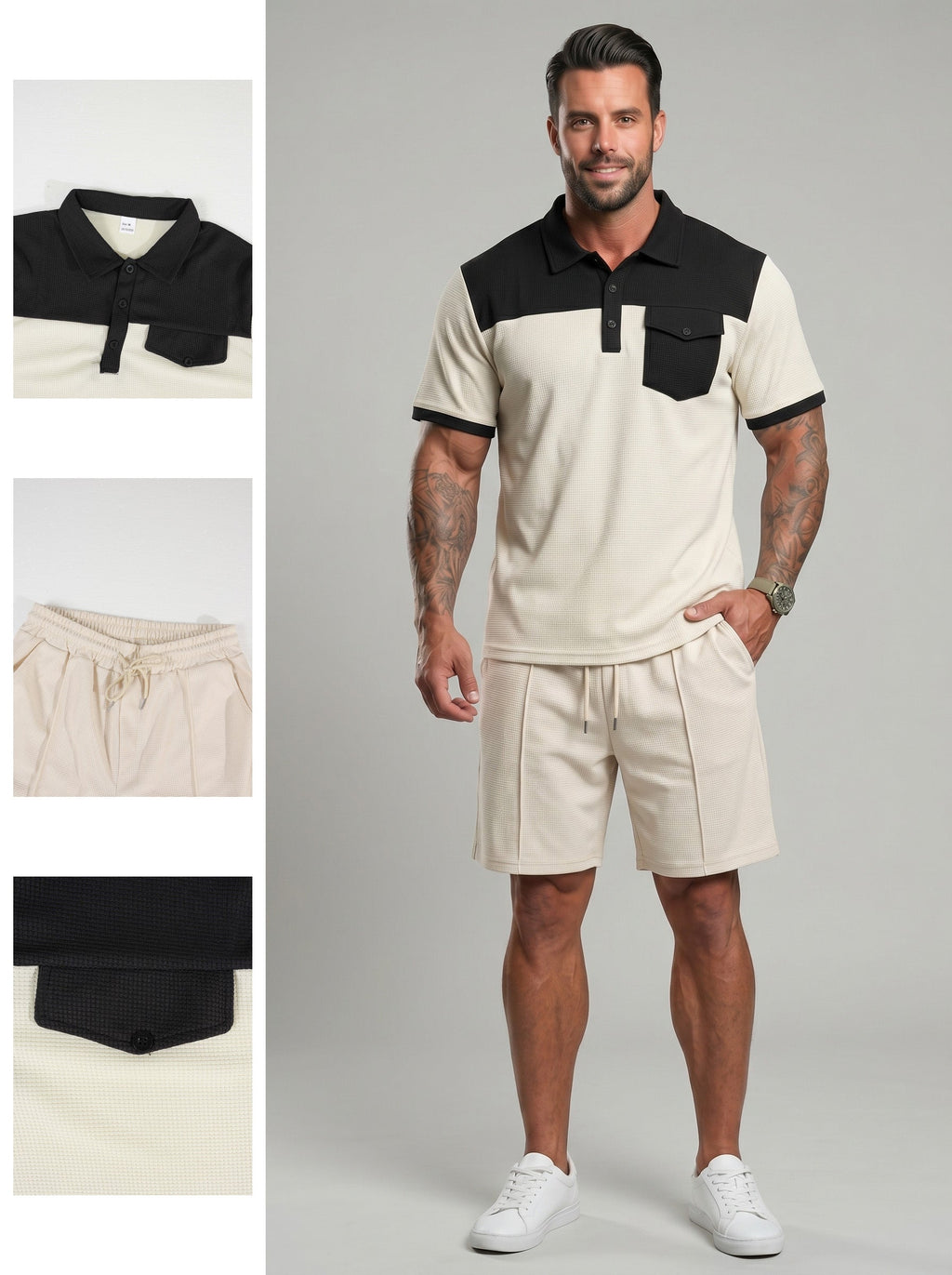 KZZ Men's Solid-Color Half-Zip Polo Shirt & Shorts Two-Piece Set