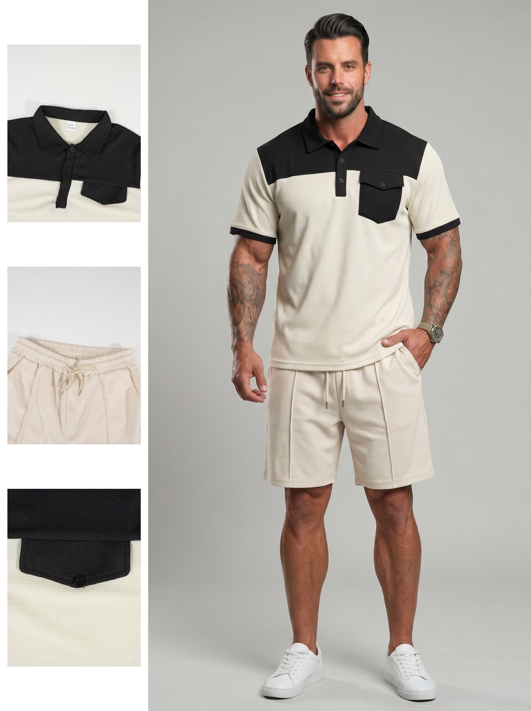 KZZ Men's Solid-Color Half-Zip Polo Shirt & Shorts Two-Piece Set