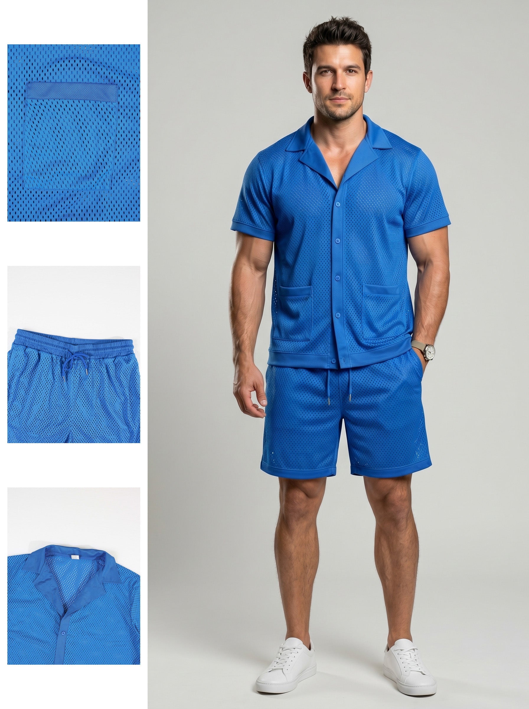 KZZ Men's Solid Color Hollow-Out Short-Sleeve Shirt and Shorts Set