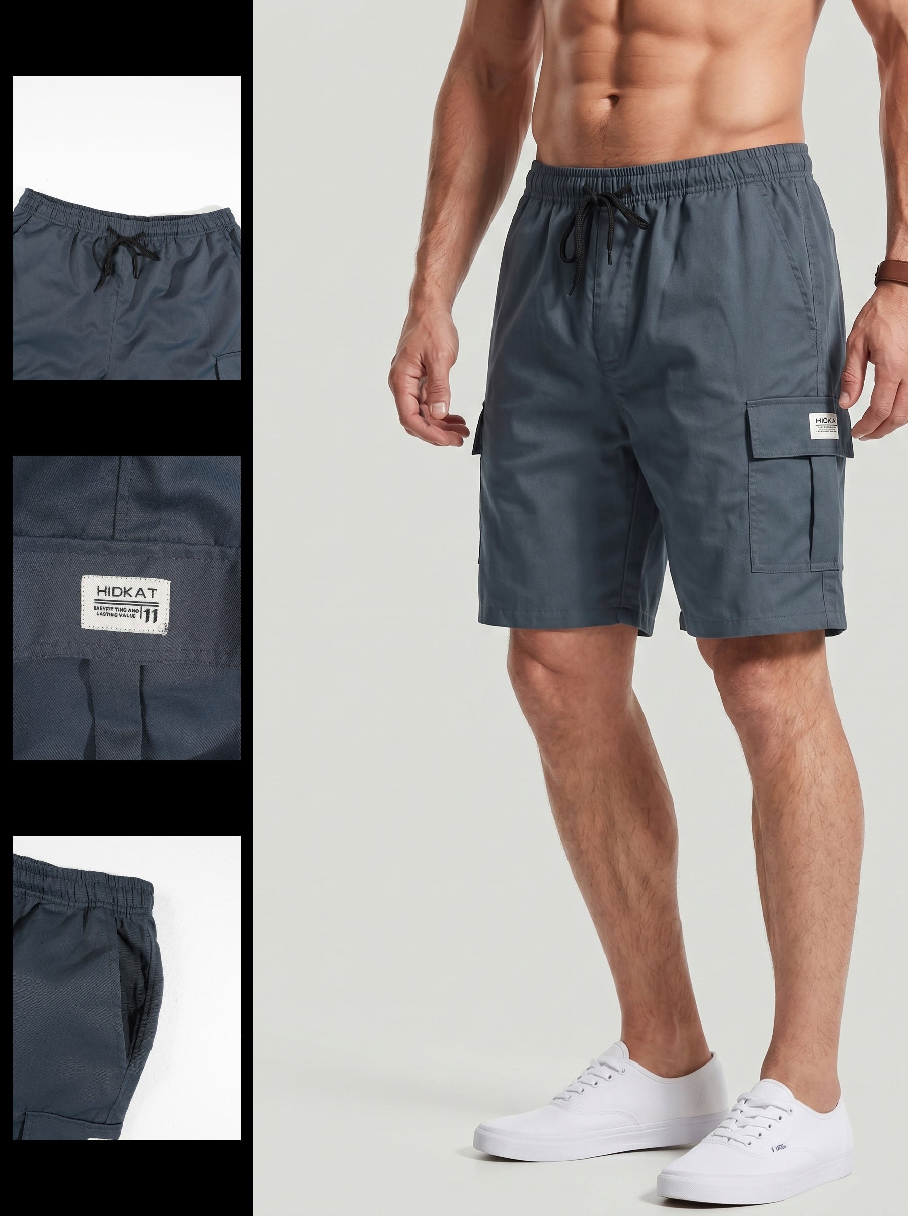 KZZ Men's Casual Solid-Color Cargo Shorts