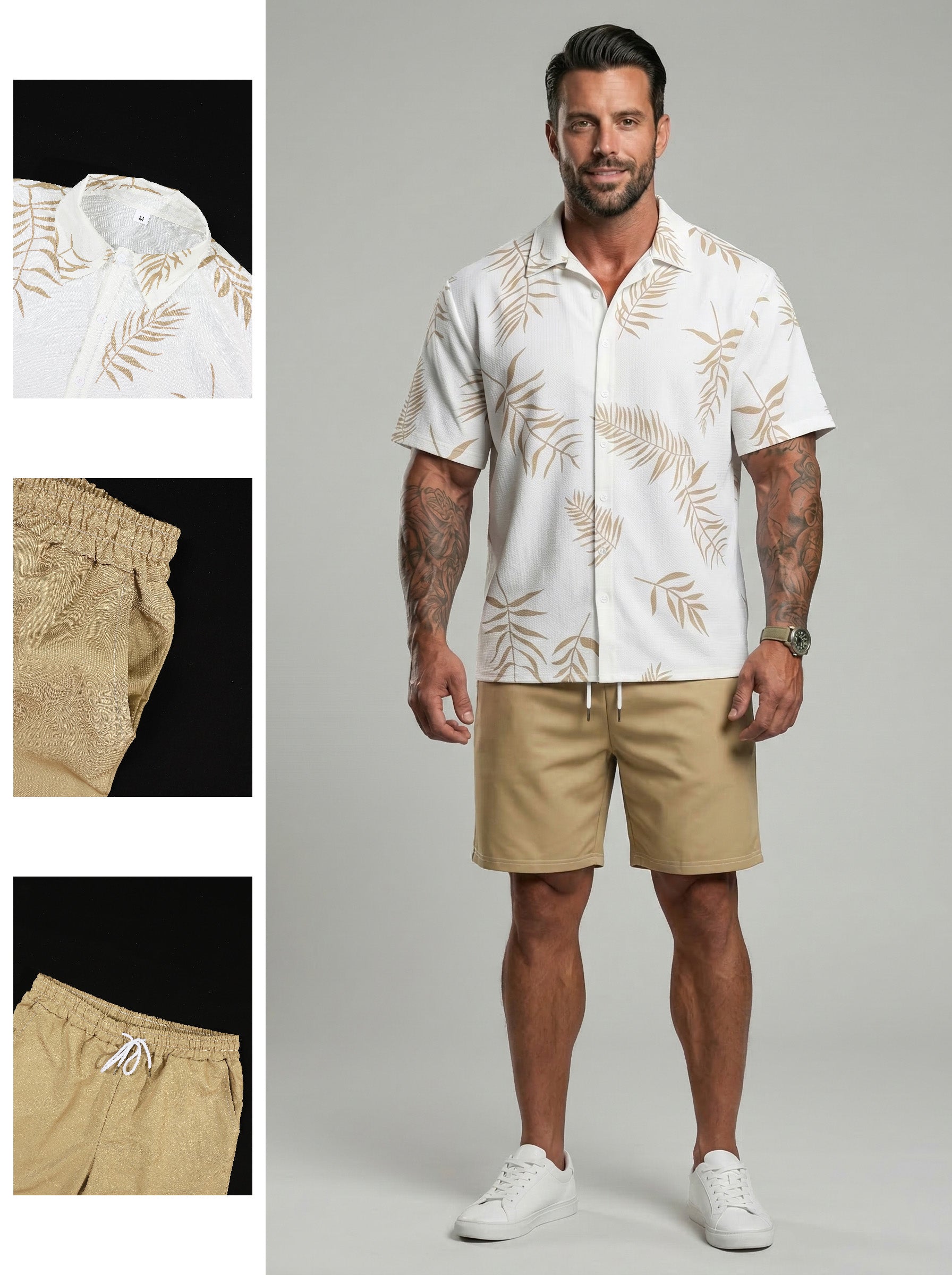 KZZ Men's Leaf Print Drawstring Waist Loose Shorts Set