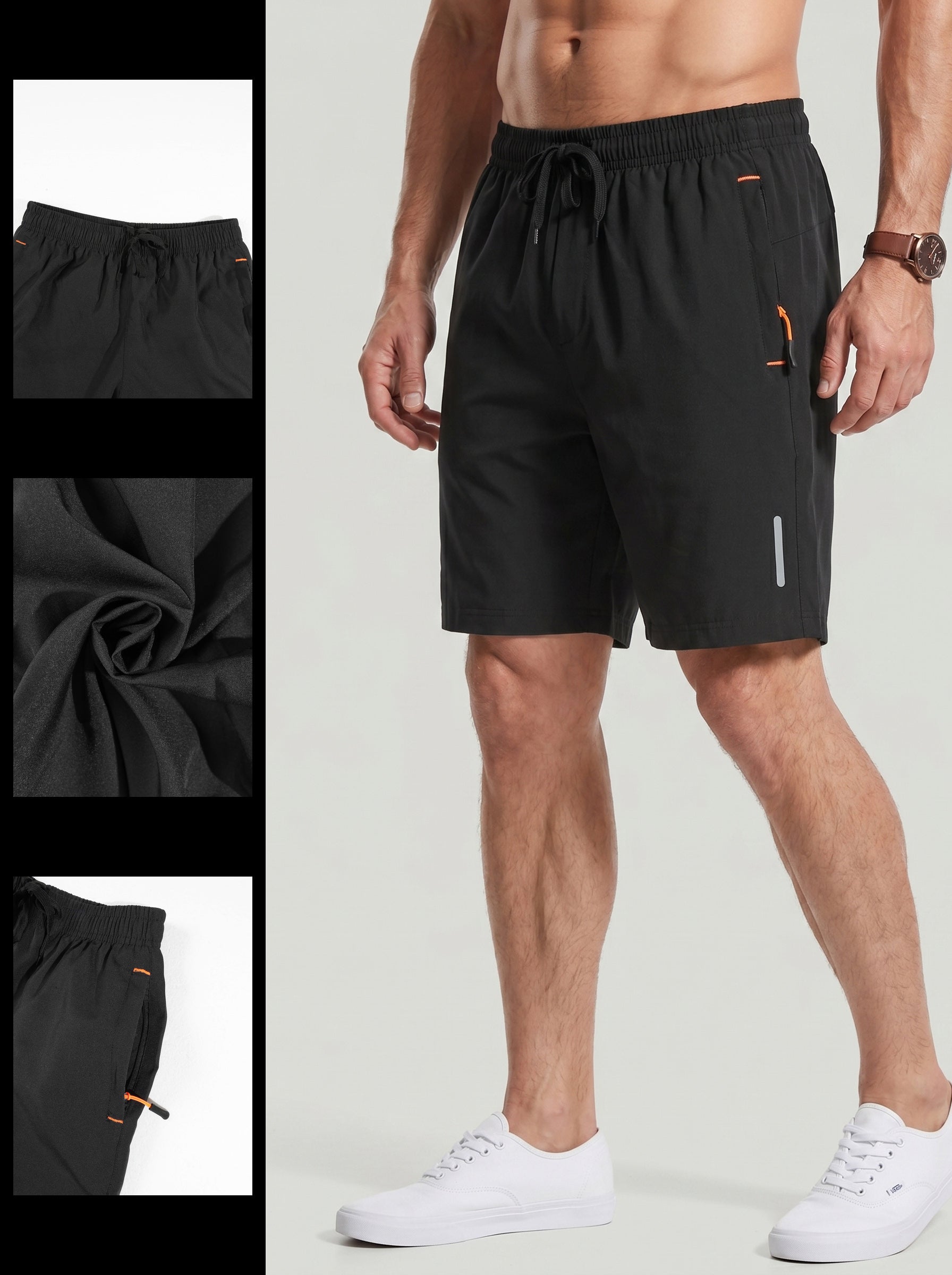 KZZ Men's Solid-Color Athletic Shorts with Zipper Pockets