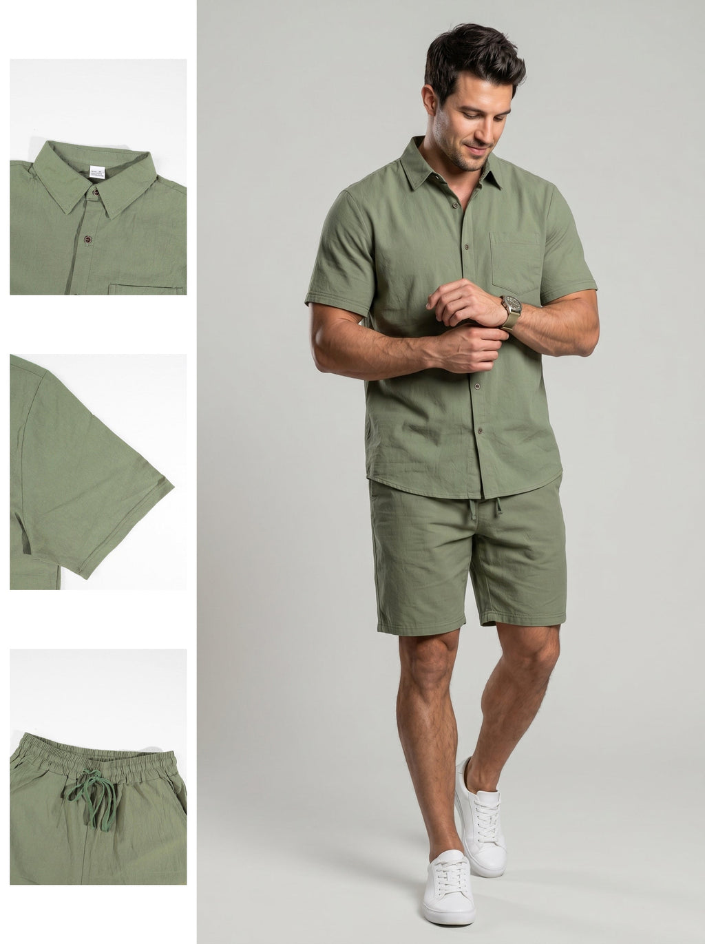 KZZ Men's Solid-Color Linen Shirt and Shorts Set