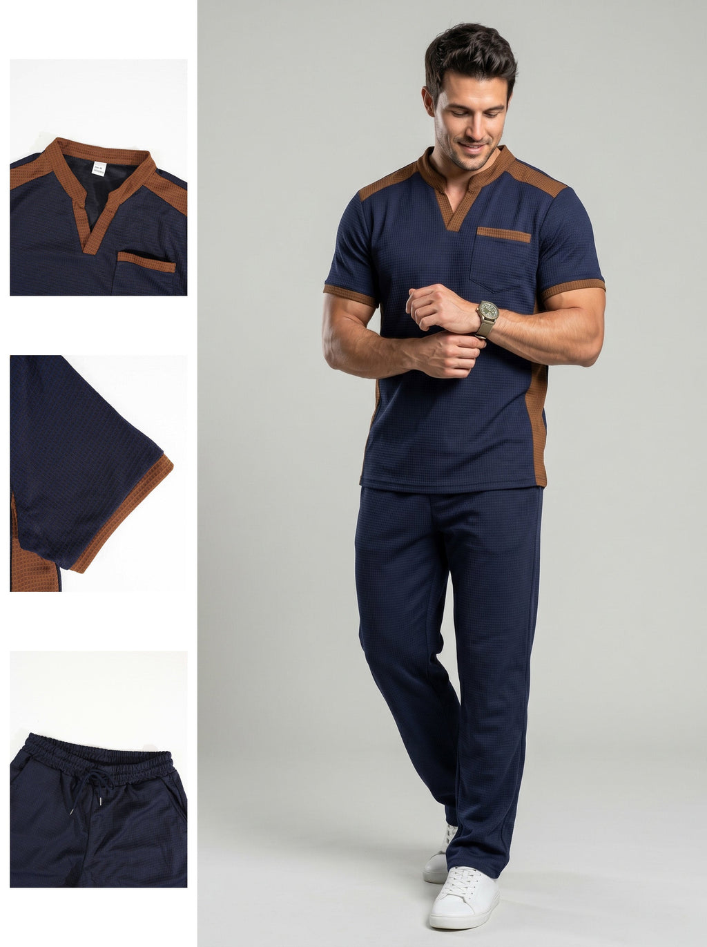 KZZ Men's Business Casual Color-Block Waffle-Knit V-Neck Short-Sleeve Shirt and Trousers Set