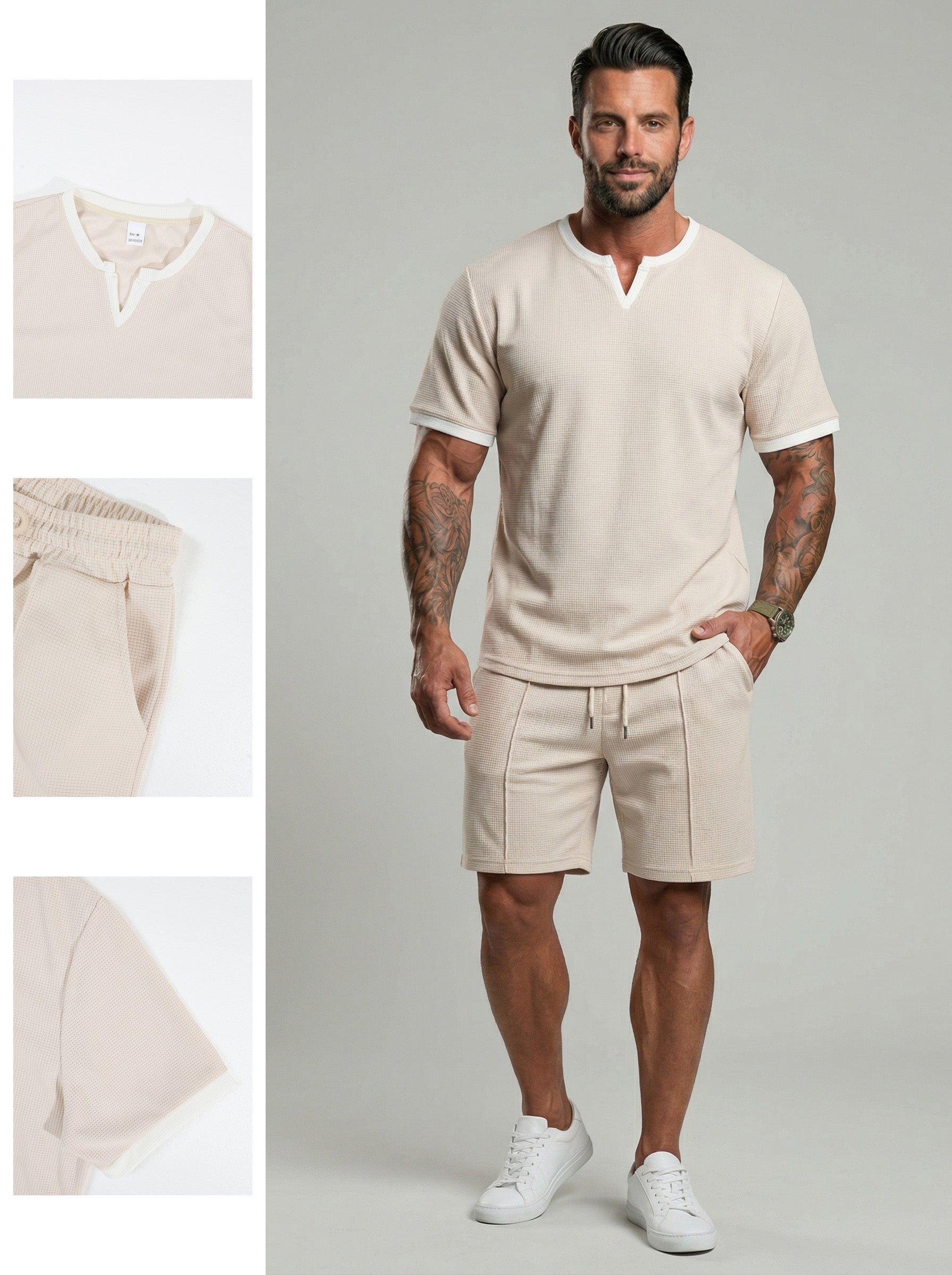 KZZ Men's Business Casual Sport Solid Color V-Neck Short Sleeve Shorts Set