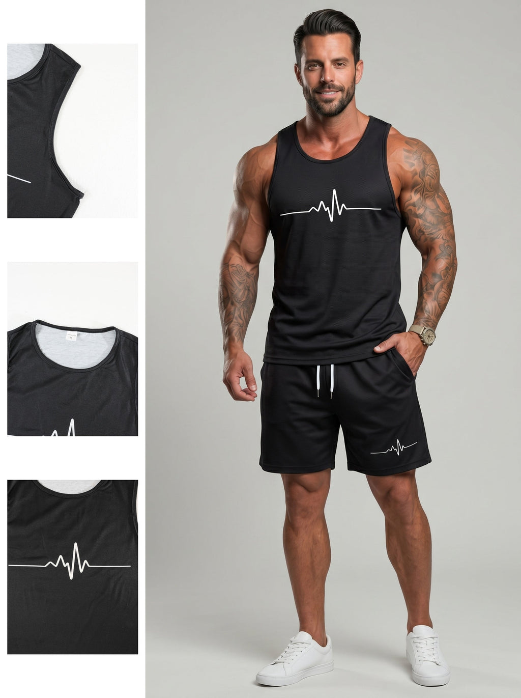 KZZ Men's Heartbeat Print Crew Neck Vest and Shorts