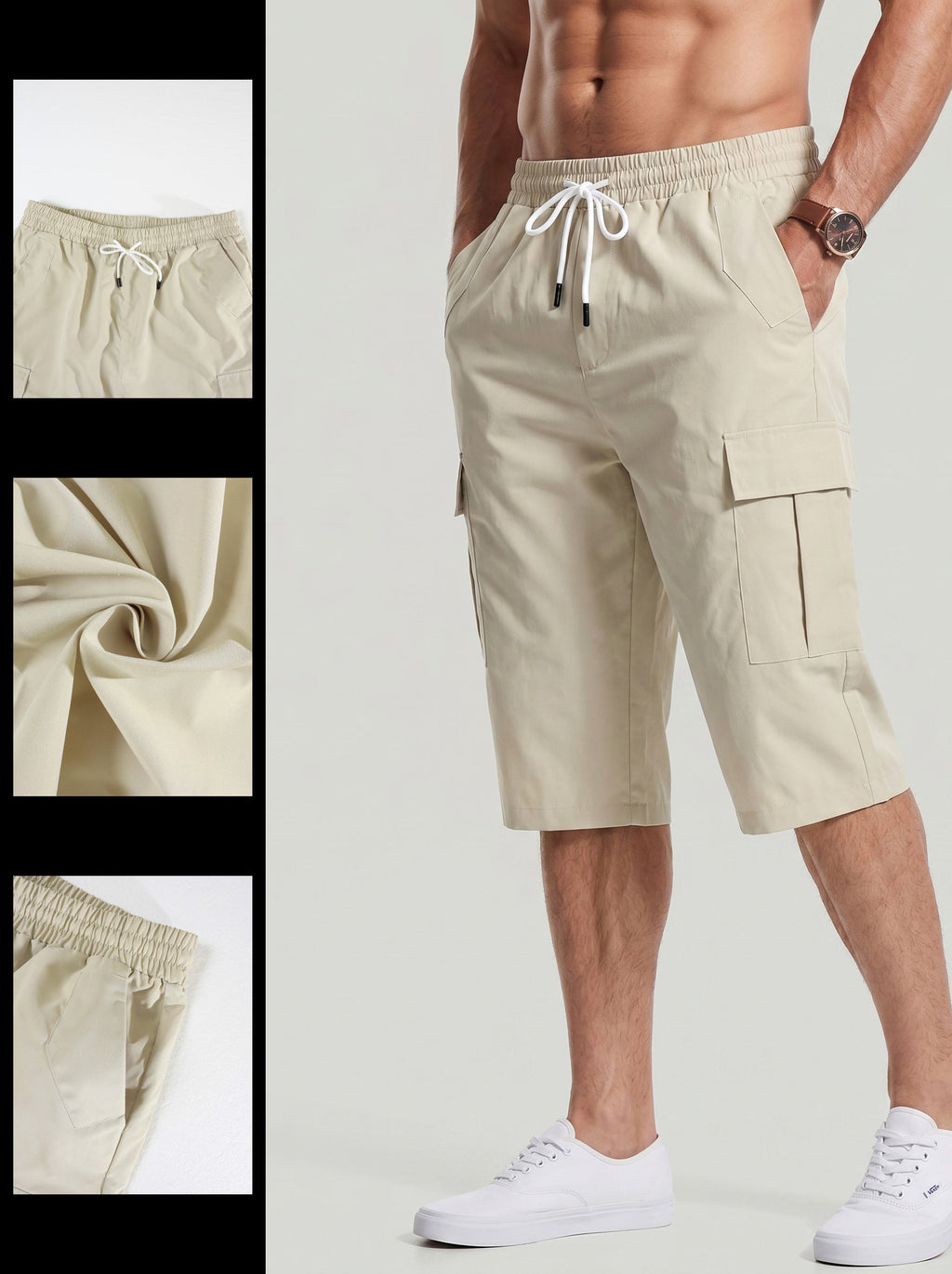 KZZ Men's Solid-Color Cargo Shorts with Flap Pockets