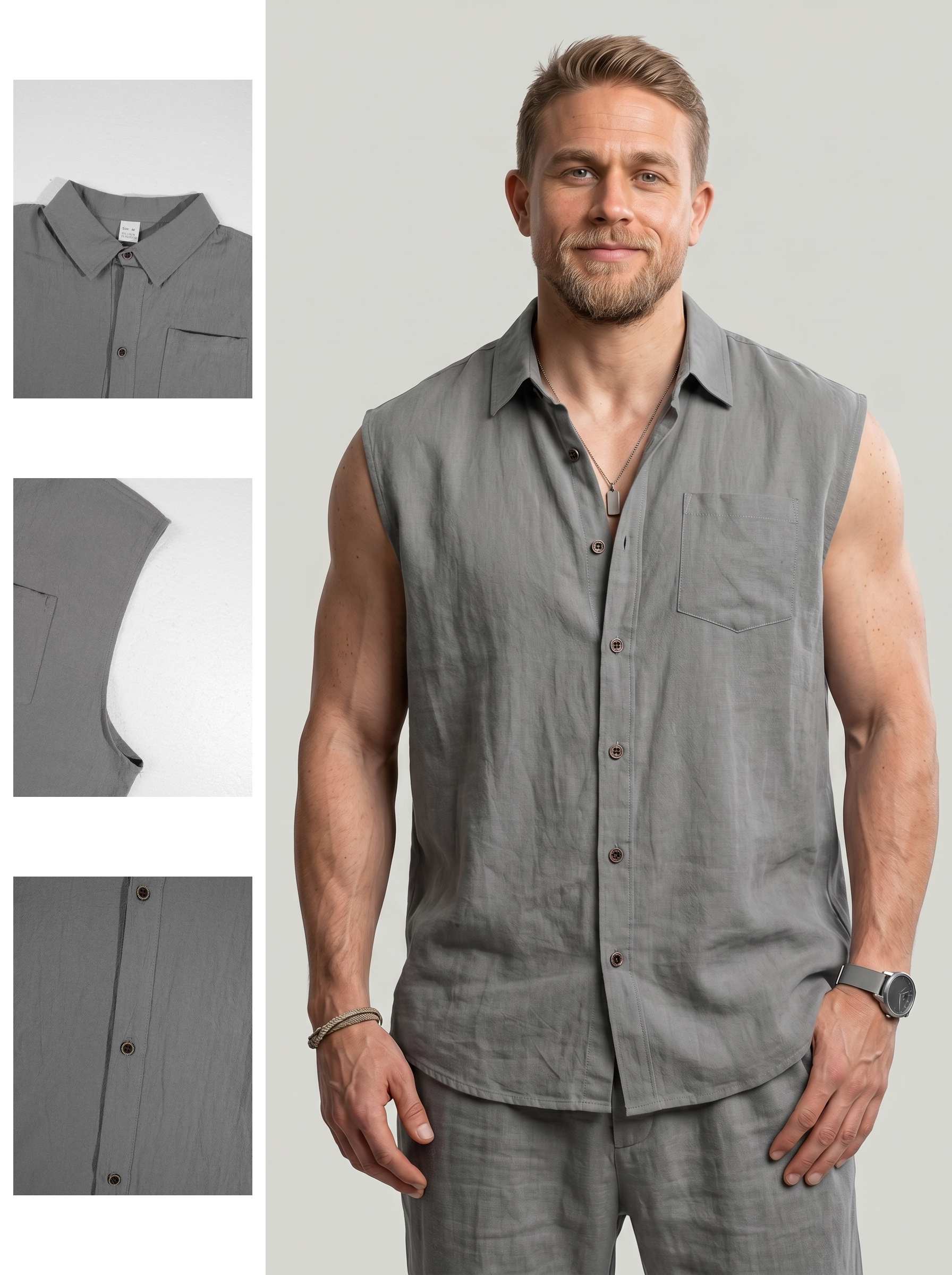 KZZ Men's Solid-Color Loose-Fit Linen Sleeveless Vest