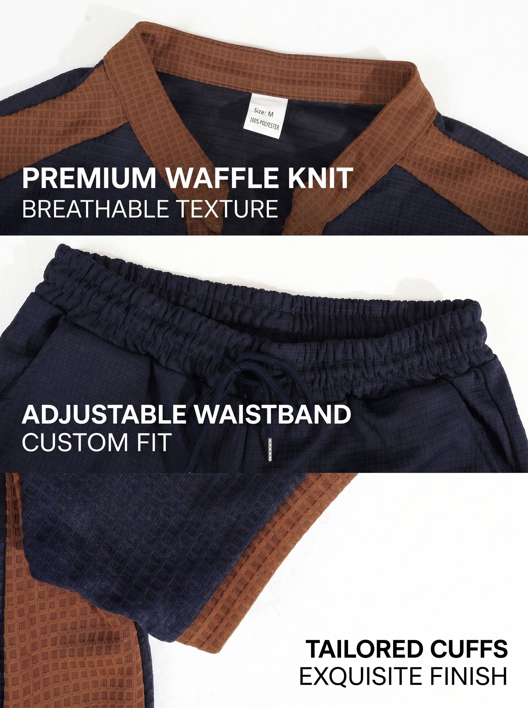 KZZ Men's Business Casual Color-Block Waffle-Knit V-Neck Short-Sleeve Shirt and Trousers Set