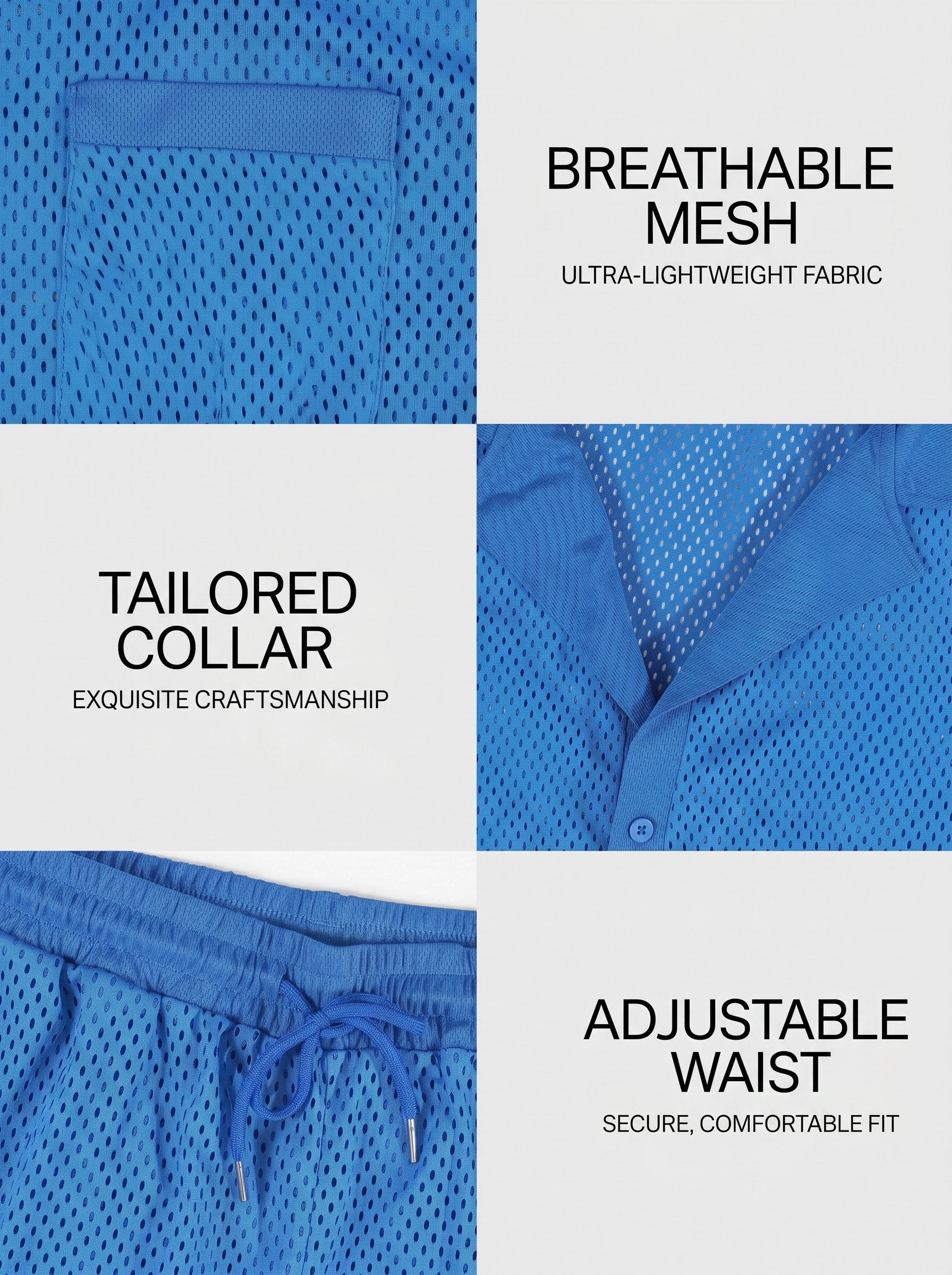 KZZ Men's Solid Color Hollow-Out Short-Sleeve Shirt and Shorts Set