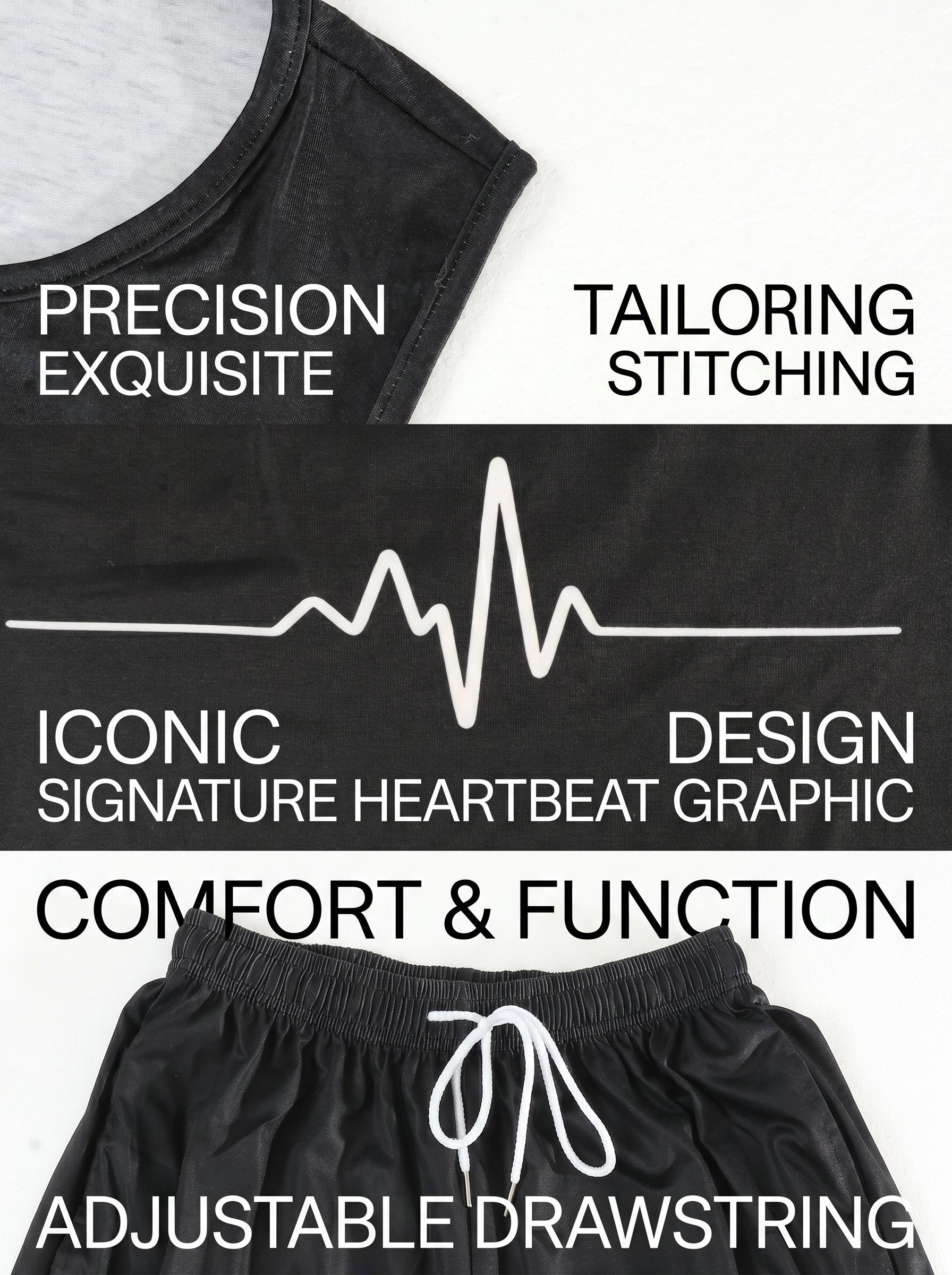 KZZ Men's Heartbeat Print Crew Neck Vest and Shorts